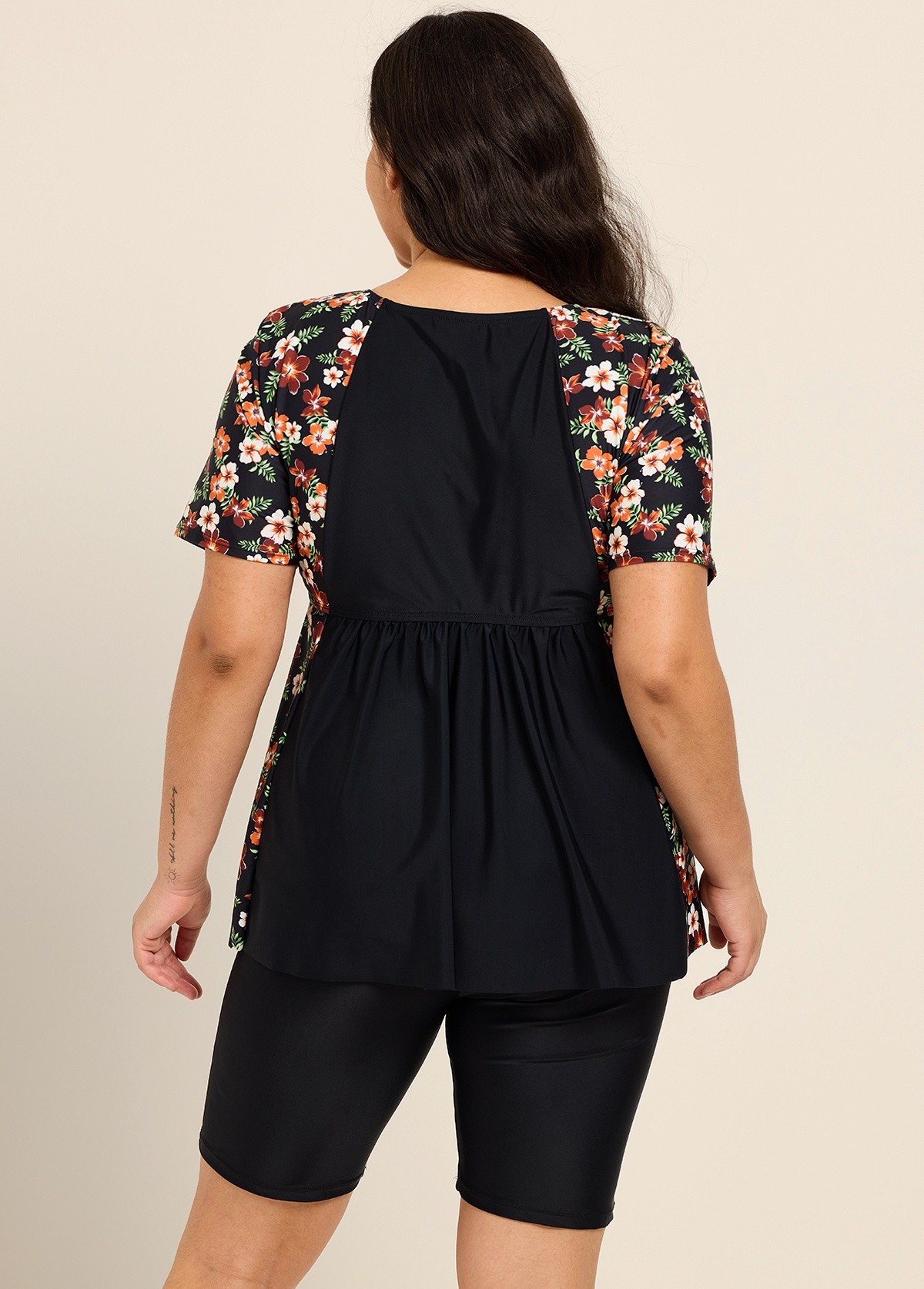 Black Floral Print Upf50+ Short Sleeves Vintage Plus Size Swimsuit Tankini Top