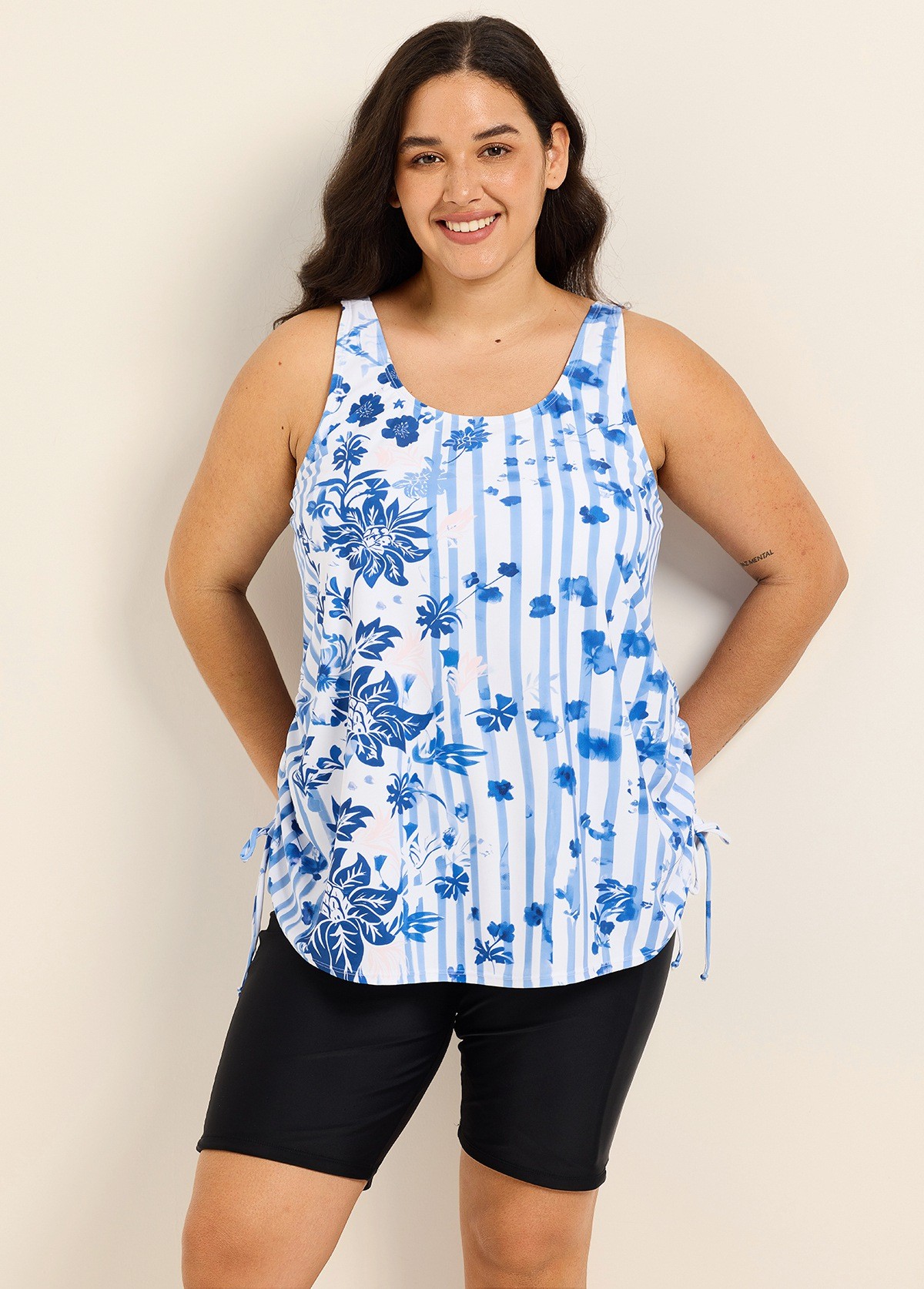 Curvy White Blue Floral Stripe Scoop Neck Vintage Drawstring Women's Swimsuit Tankini Top