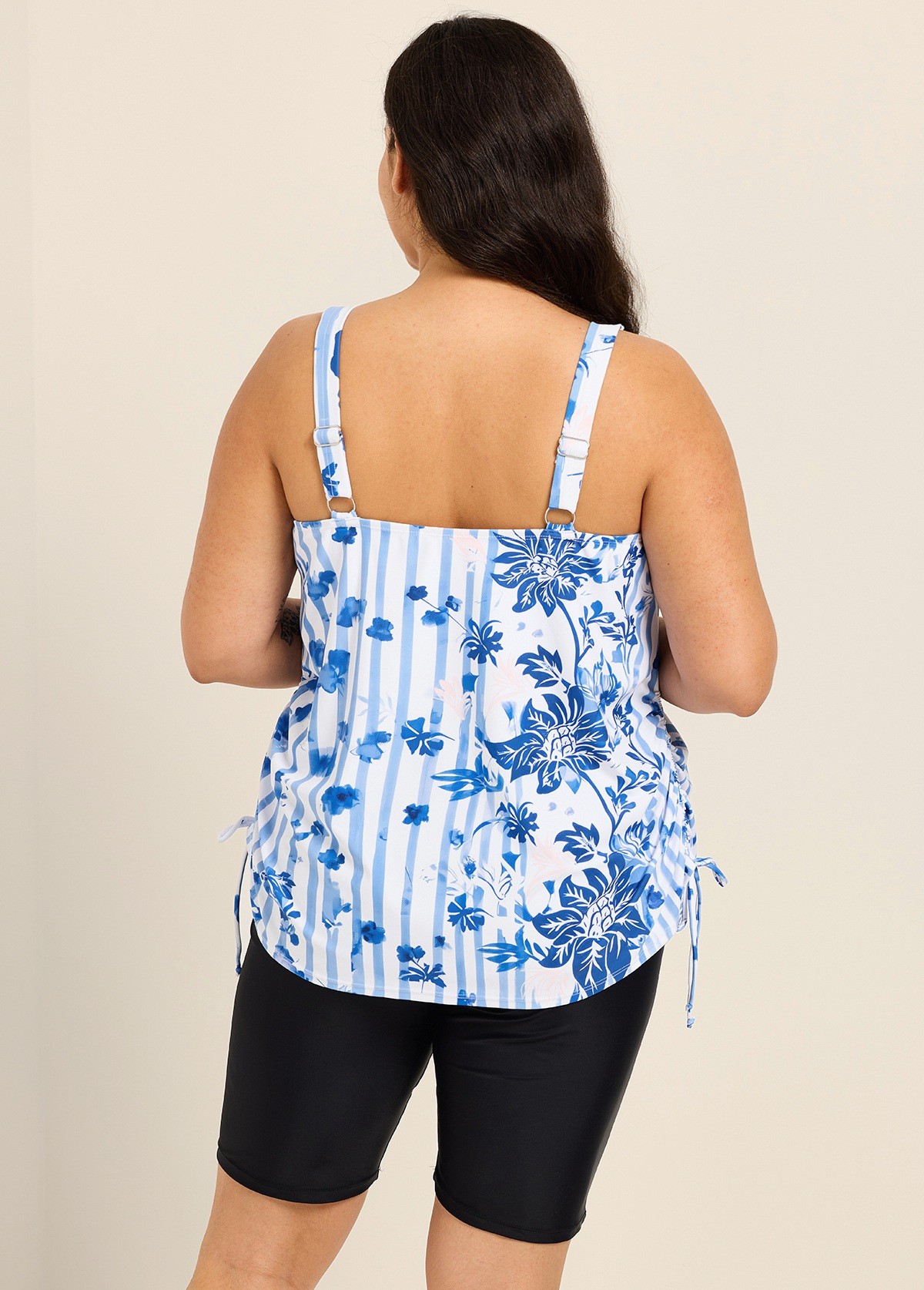 Curvy White Blue Floral Stripe Scoop Neck Vintage Drawstring Women's Swimsuit Tankini Top