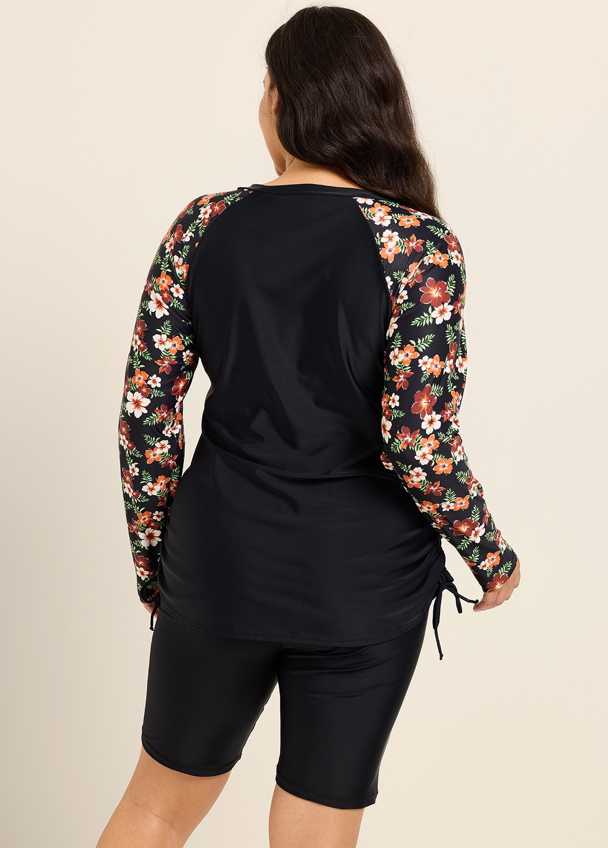 Black Floral Print Upf50+ Long Sleeves Modest Drawstring Plus Size Women's Swimsuit Tankini Top