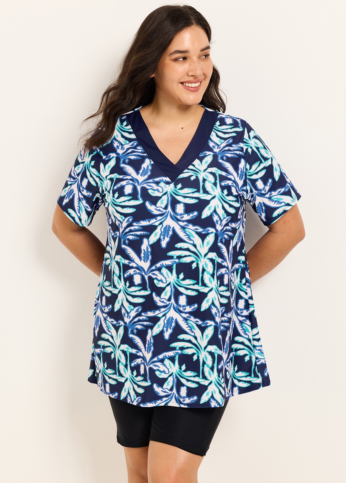 Curvy Blue Leaf V Neck Upf50+ Short Sleeves Modest Padded Swimsuit Long Tankini Top