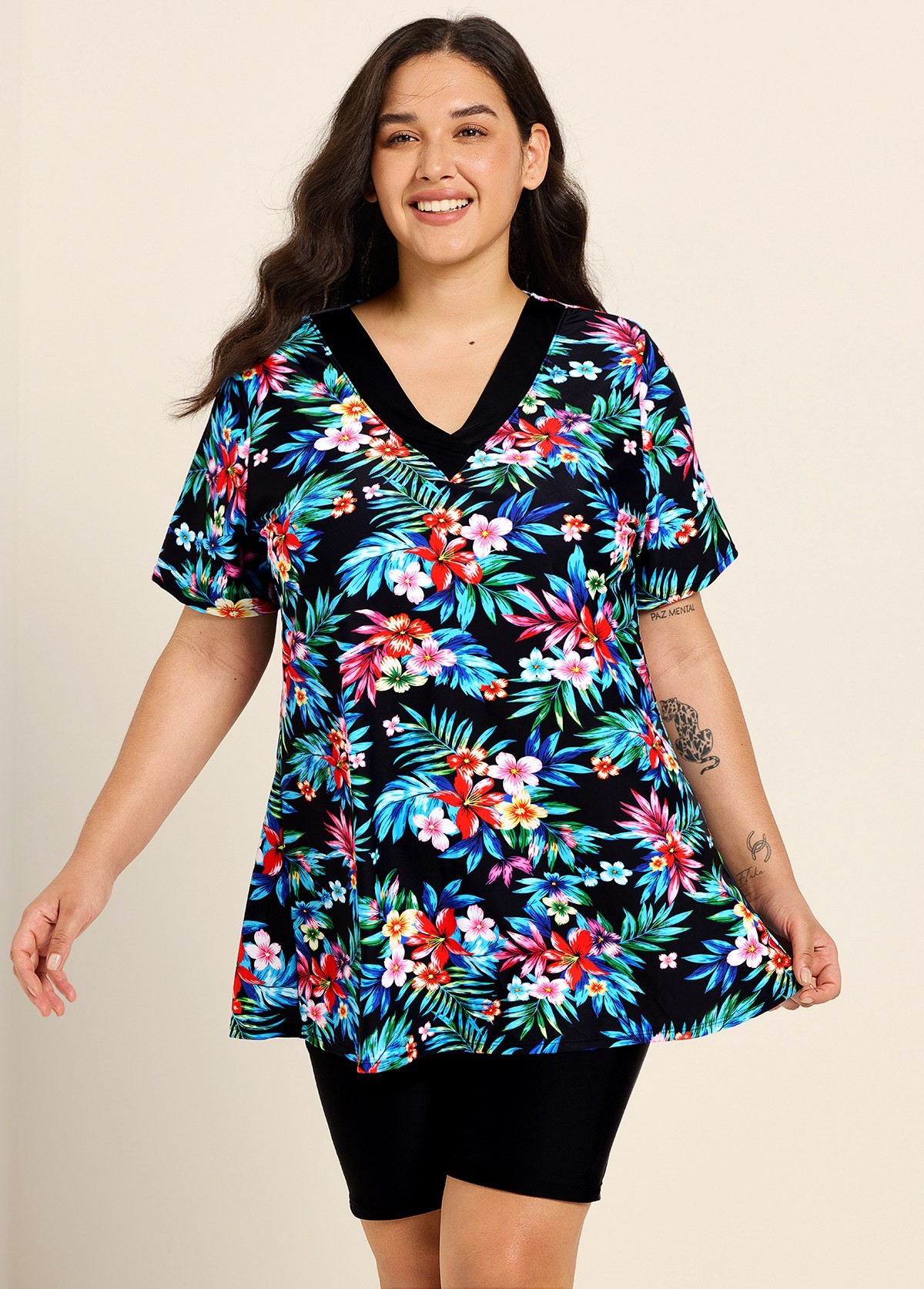 Plus Size Black Floral V Neck Upf50+ Short Sleeves Modest Padded Swimsuit Long Tankini Top