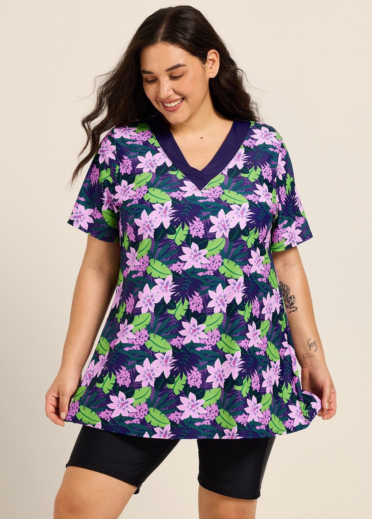 Green Leaf V Neck Upf50+ Short Sleeves Modest Padded Curvy Swimsuit Long Tankini Top