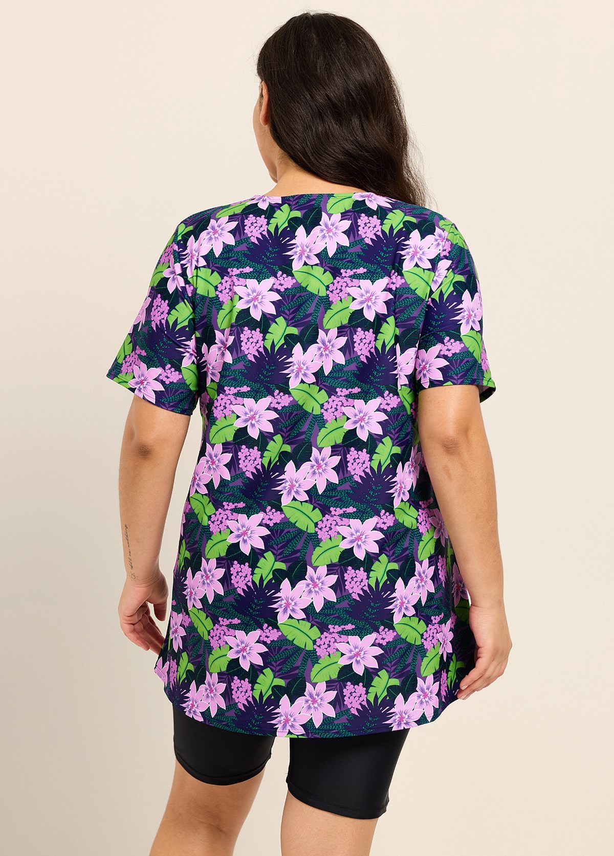 Green Leaf V Neck Upf50+ Short Sleeves Modest Padded Curvy Swimsuit Long Tankini Top