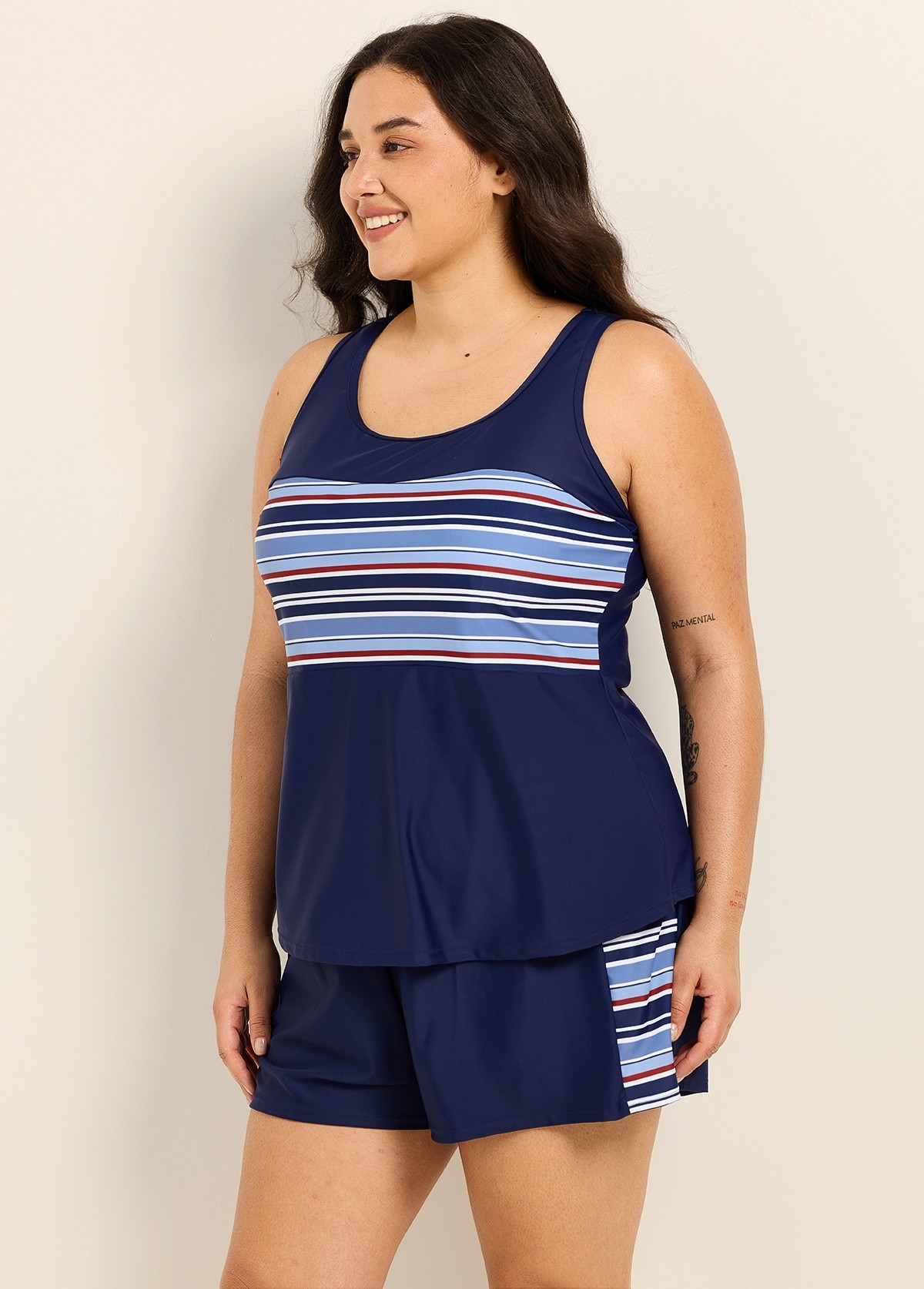 Navy Stripe Contrast Scoop Neck Flattering Curvy Swimsuit Two Piece Tankini Set