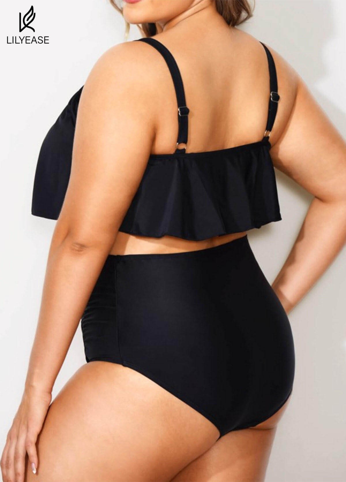 Black Scoop Neck Ruffles High Waist Bikini Top