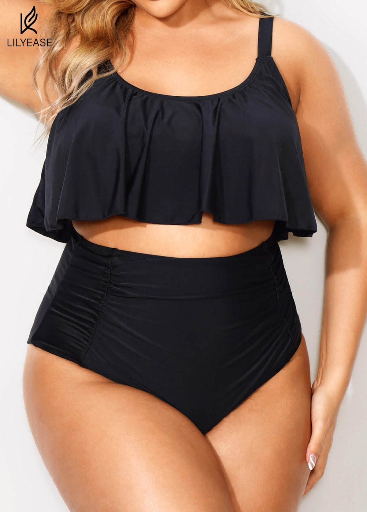 Black Scoop Neck Ruffles High Waist Bikini Top