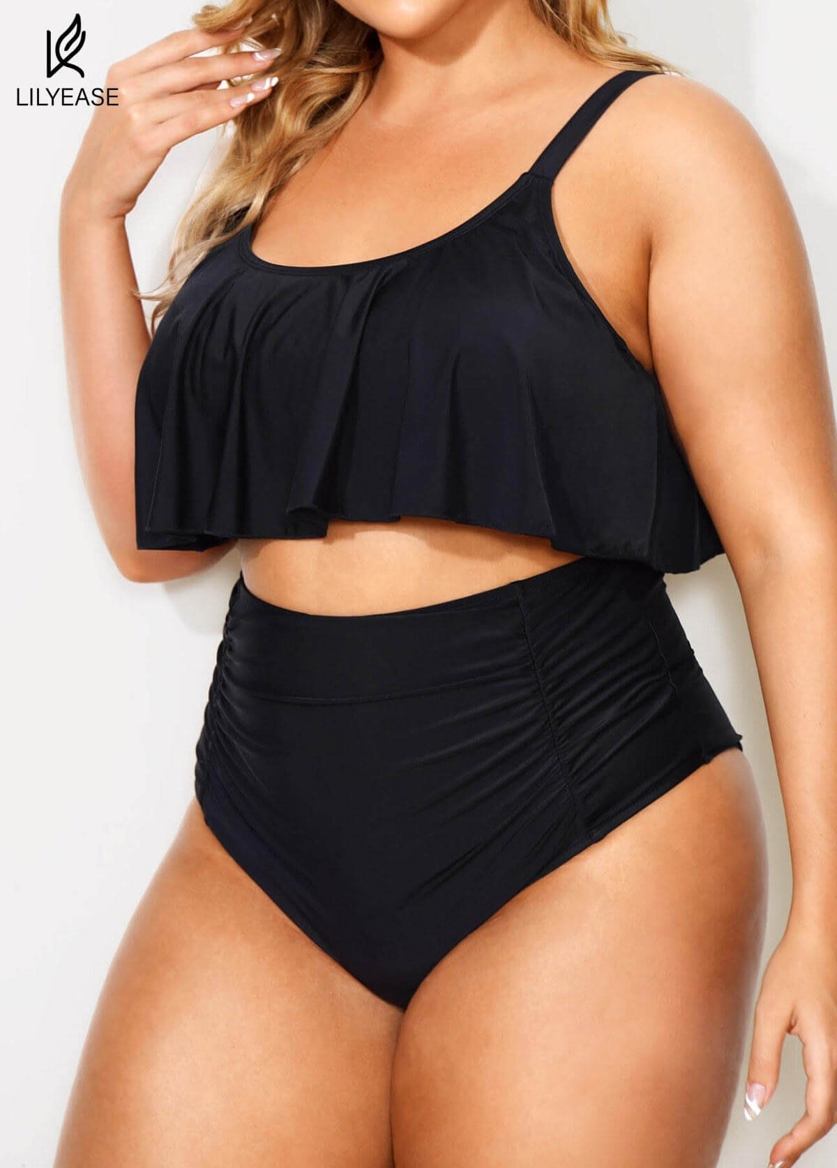 Black Scoop Neck Ruffles High Waist Bikini Top