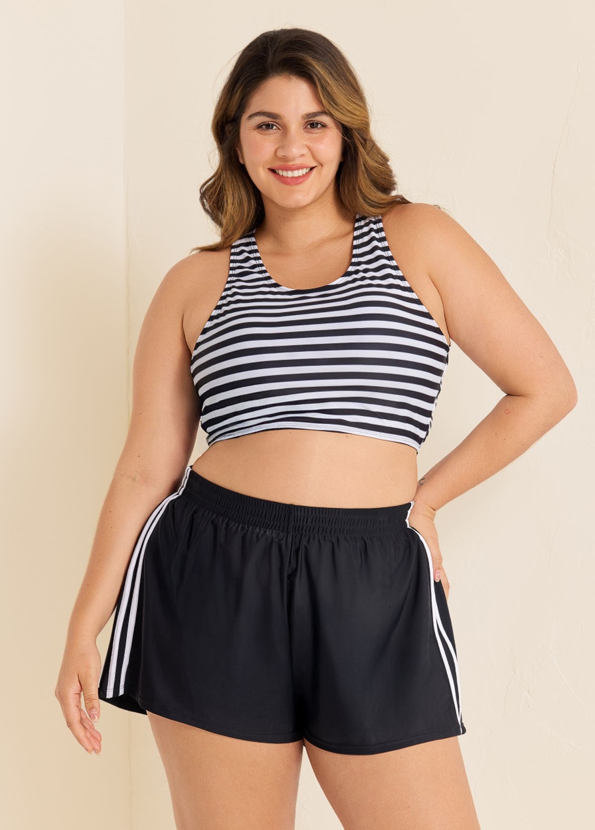 Black And White Striped Criss Cross Bikini Top