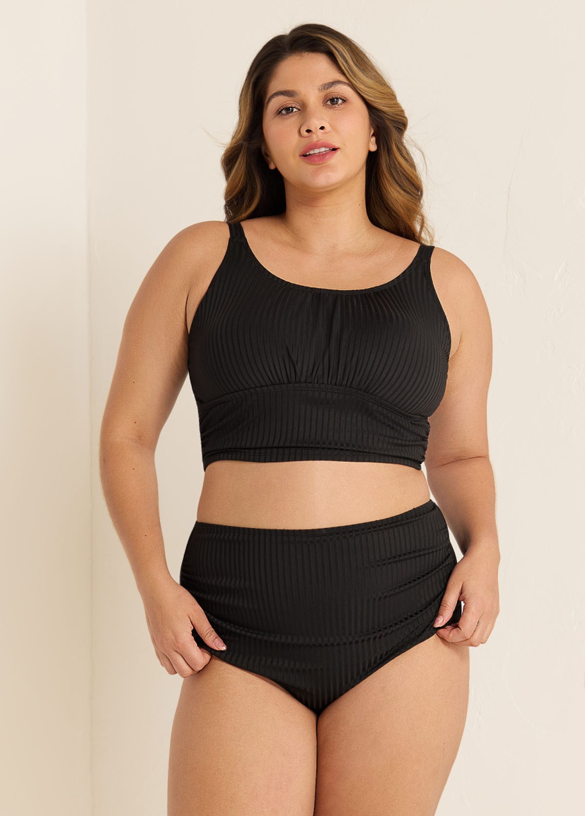 Black Puckered Halter Plus Size Modest Bikini Set