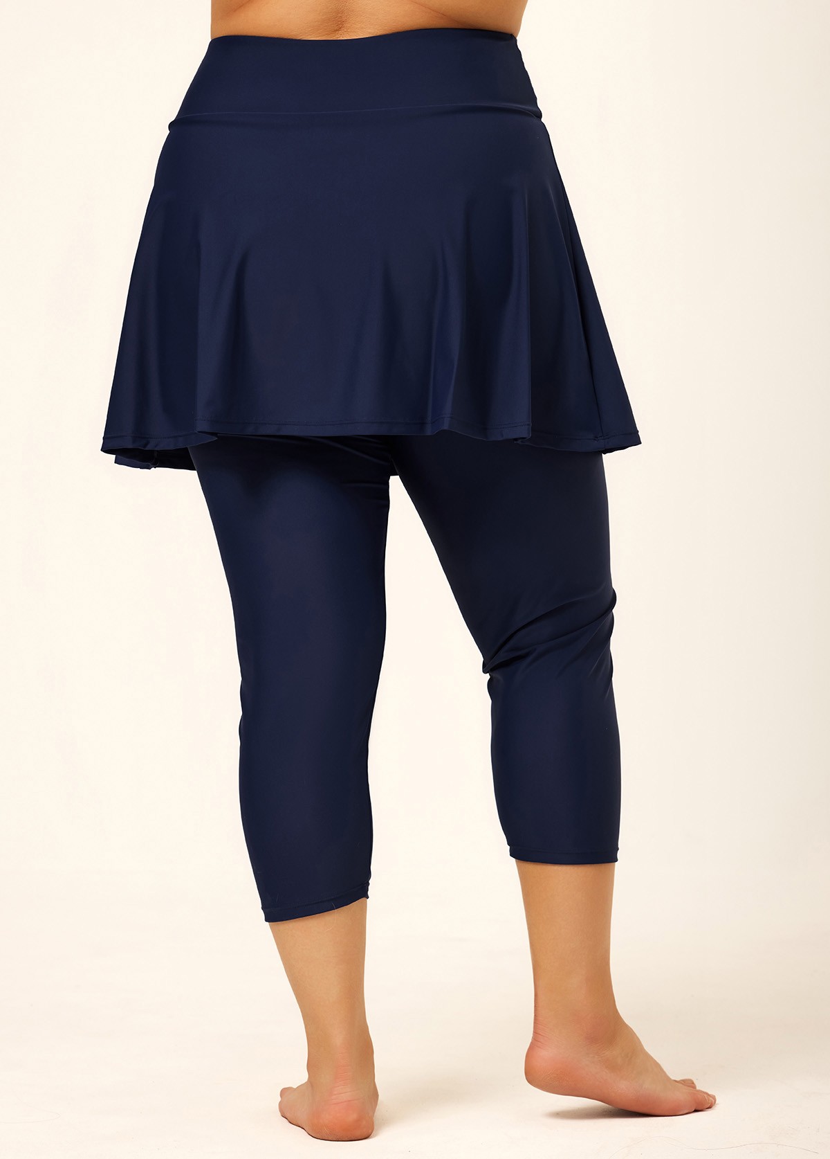 Navy Blue Flared Plus Size Modest Swimsuit Skort with Capri Leggings