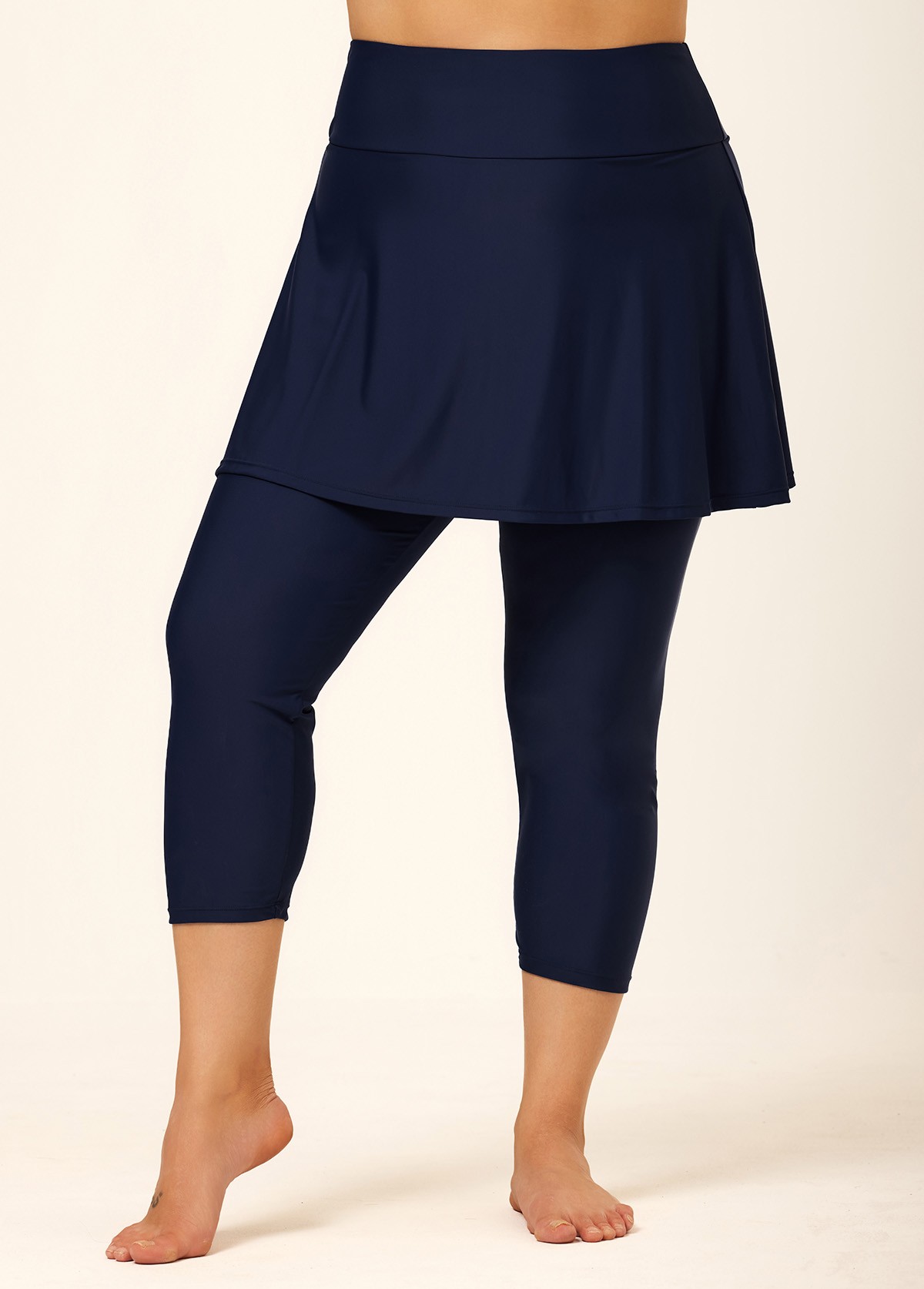 Navy Blue Flared Plus Size Modest Swimsuit Skort with Capri Leggings