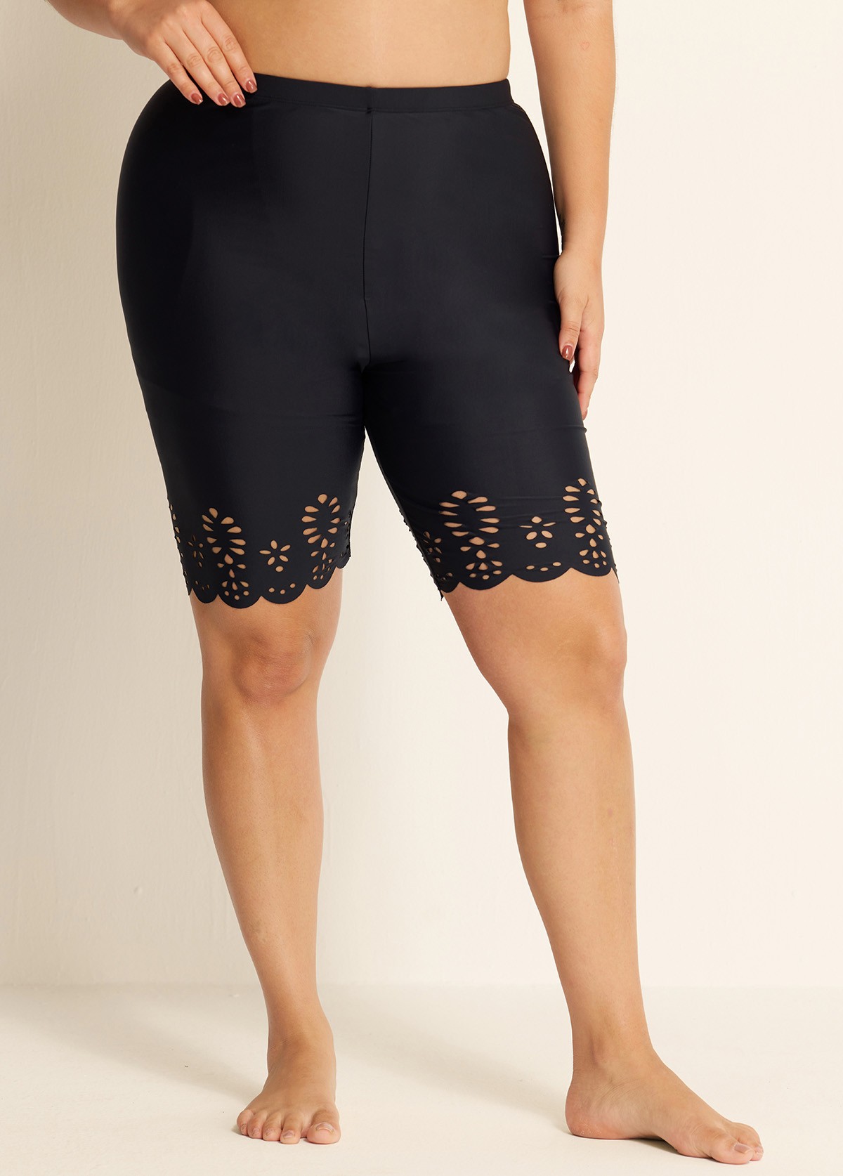 Curvy Women's Black Hollow Sport Simple Swim Short