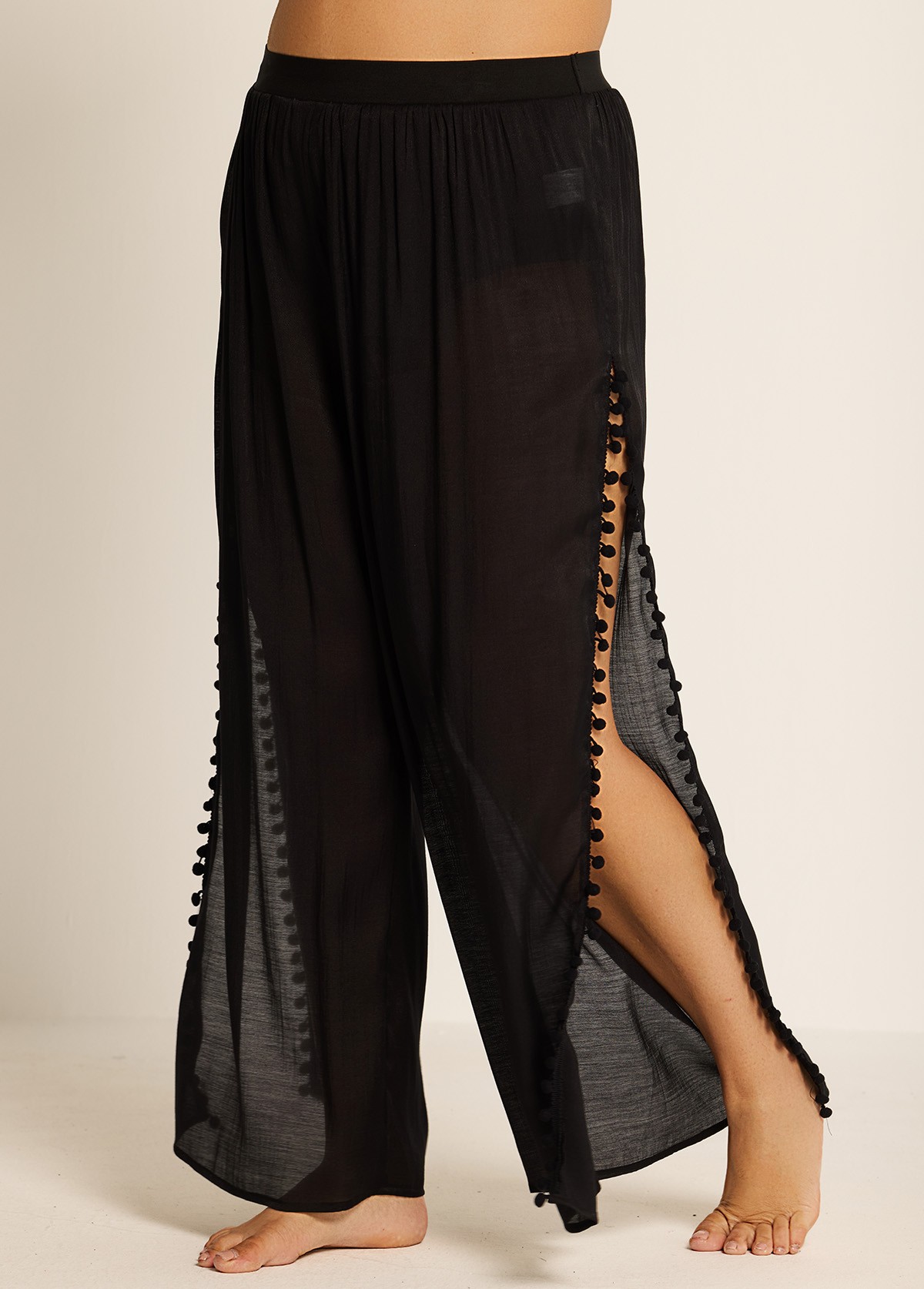 Plus Size Black Side Slits Tassel Swimsuit Cover Up Pants