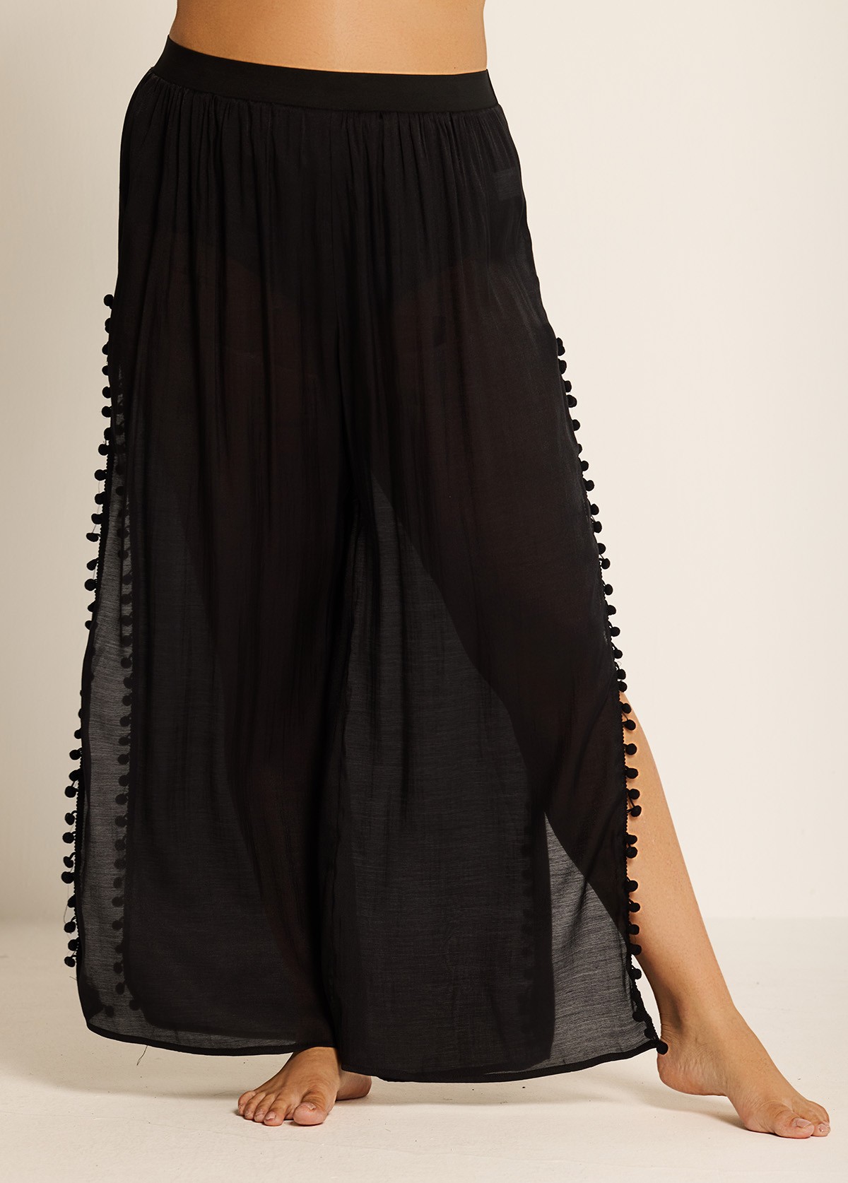 Plus Size Black Side Slits Tassel Swimsuit Cover Up Pants