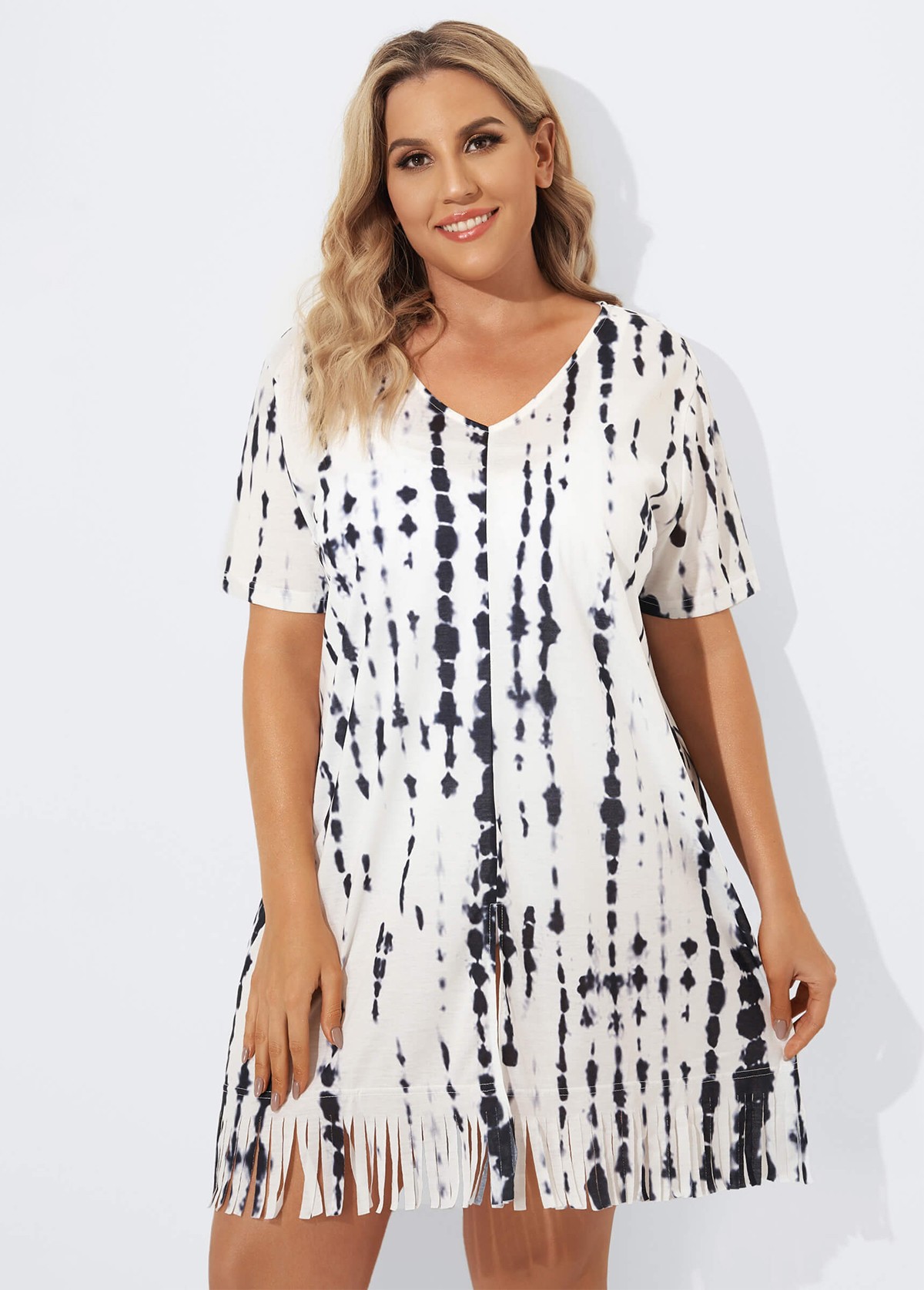 V-Neck Slit Fringe Trim Tunic Cover Up