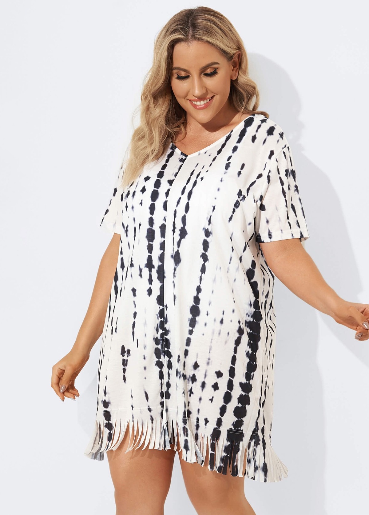 V-Neck Slit Fringe Trim Tunic Cover Up