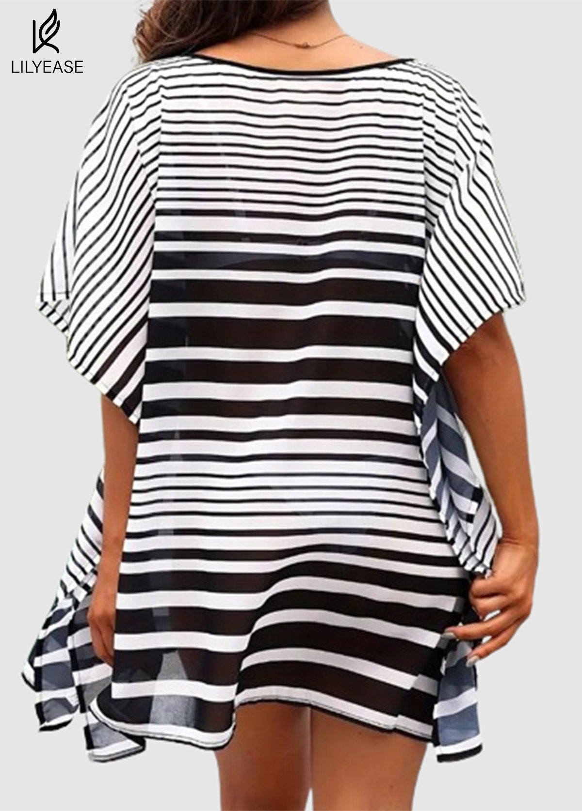 Black And White Striped Batwing Sleeve Cover Up Dress