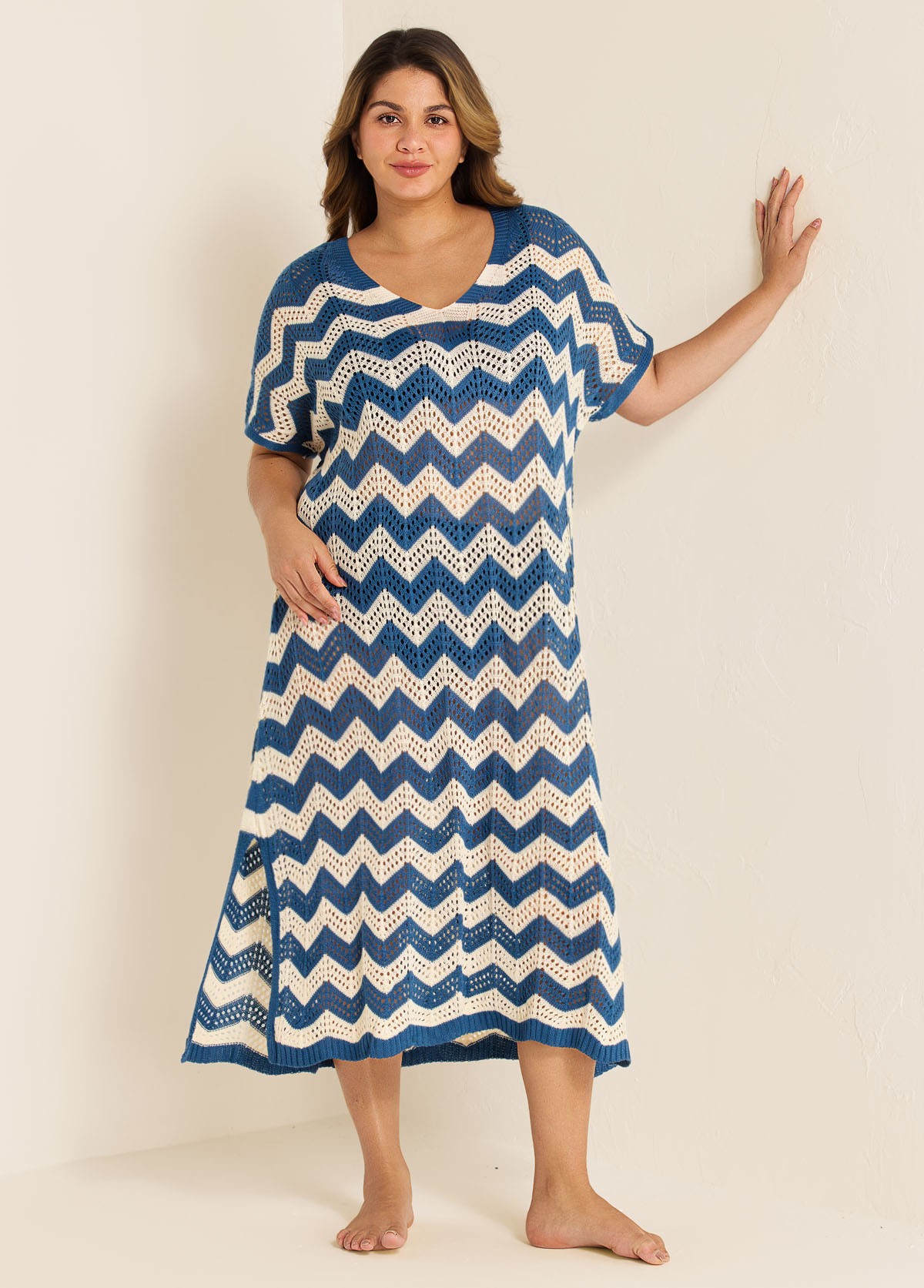 Blue And White Geometric Slit Hem Cutout Swimsuit Cover Up