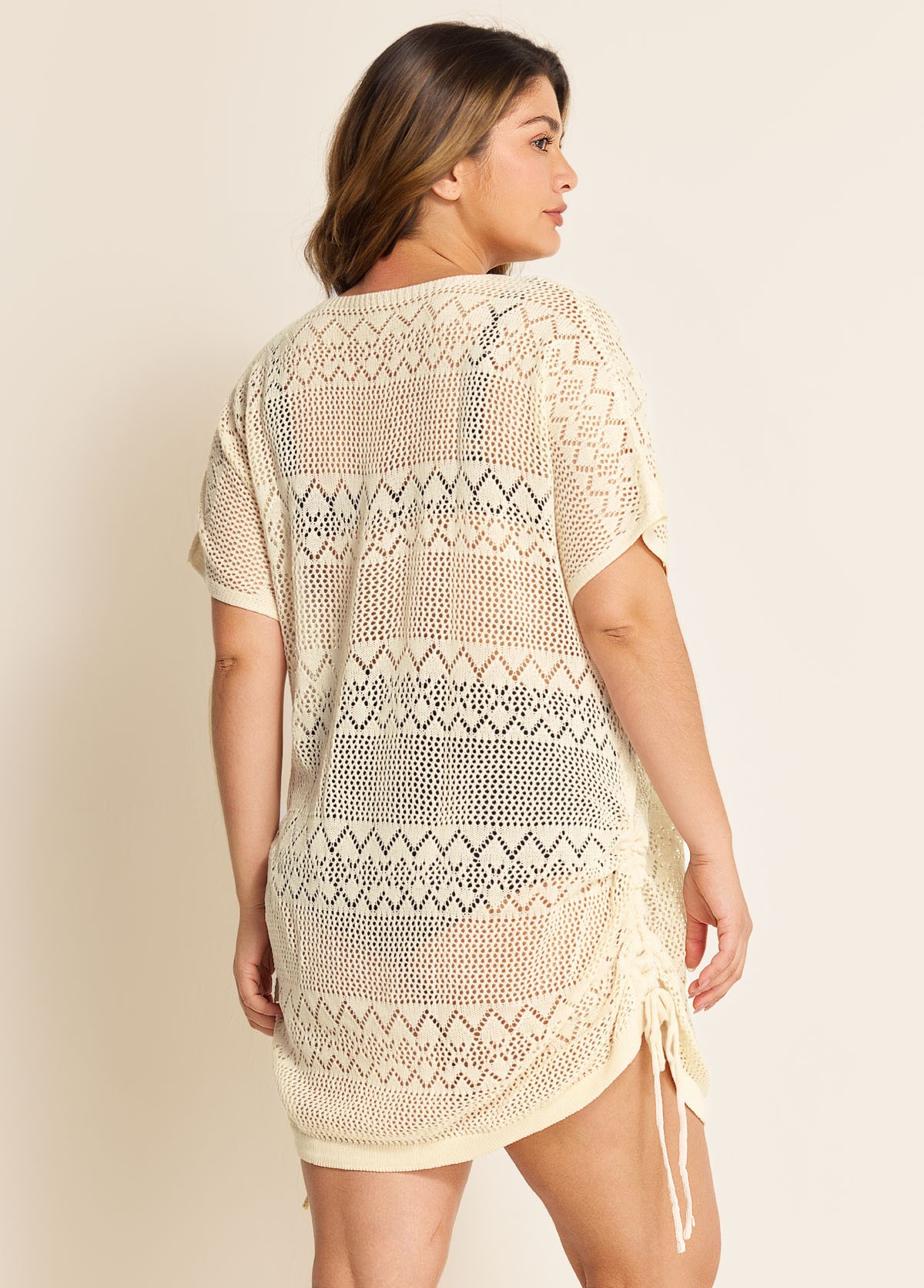 Beige V Neck Cut Out Drawstring Swim Cover Up