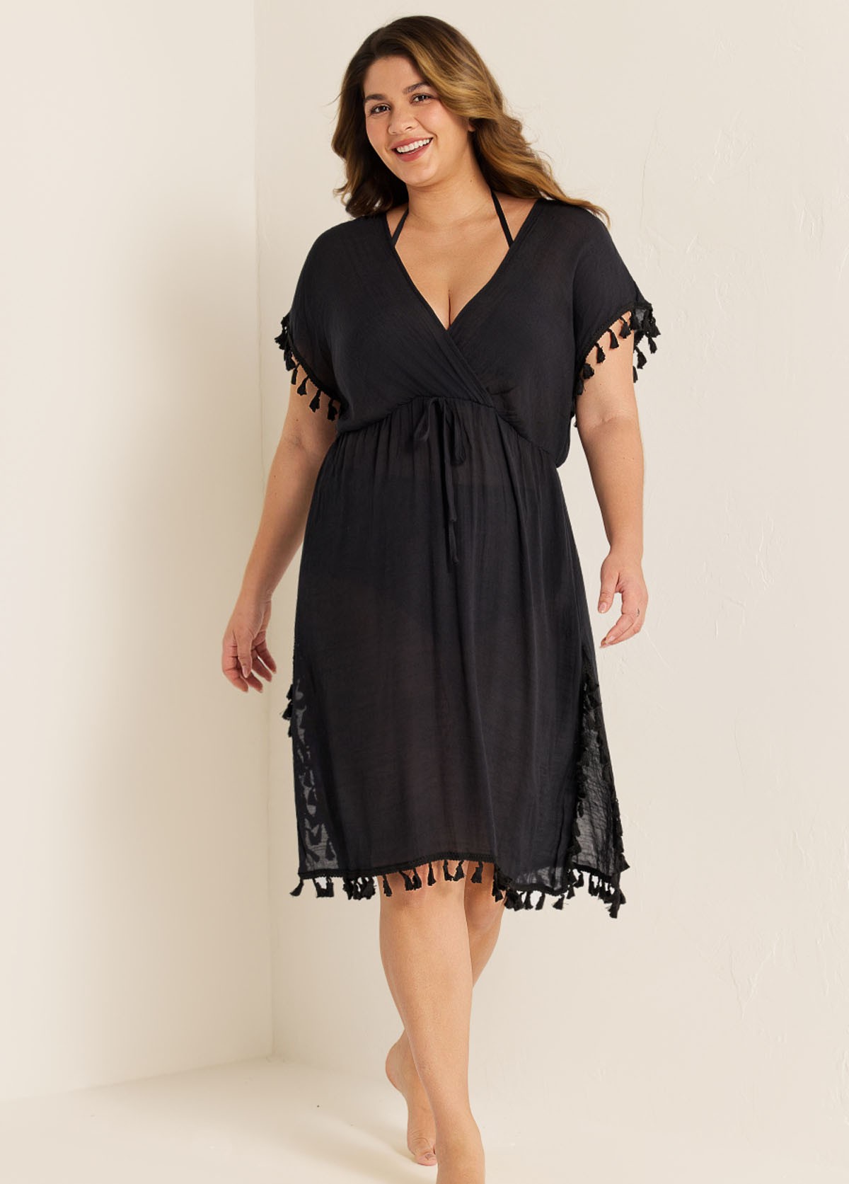 Black Weave Sleeveless Long Fringe Vacation Cover Up