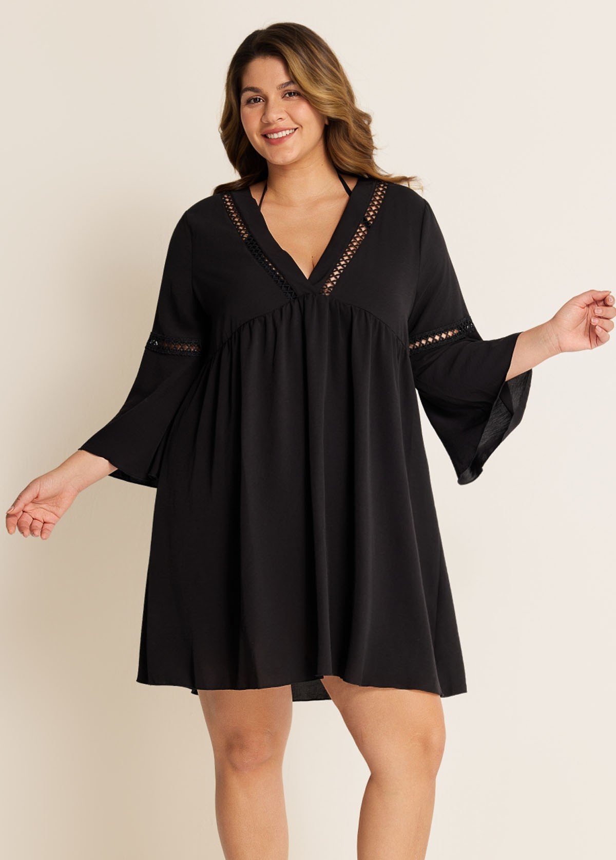 Plus Size Black V Neck Loose Side Slit Hem Cover Up