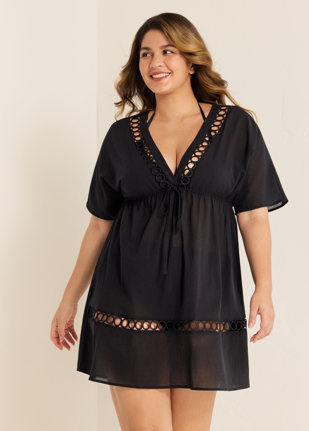 Black Fashionable Plus Size Hollow Out Short Sleeve Cover Up