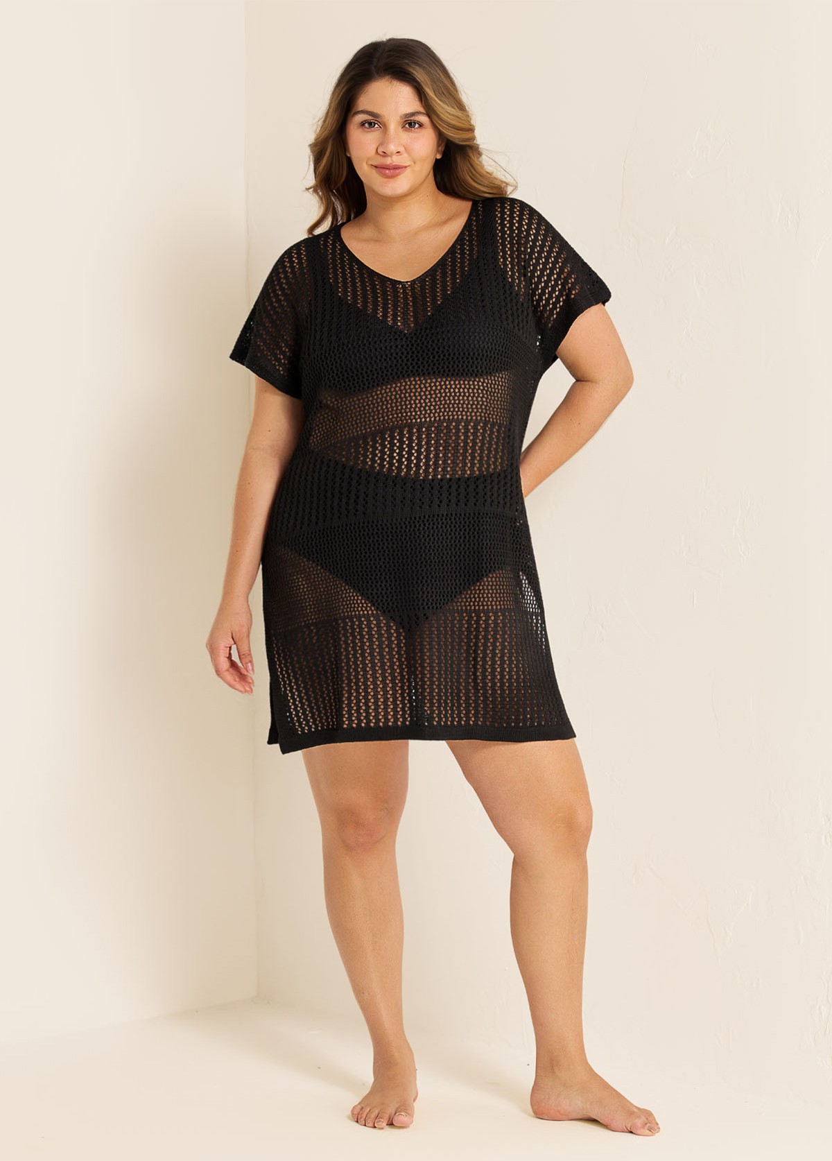 Black Plus Size Simple Side Slit Cover Up