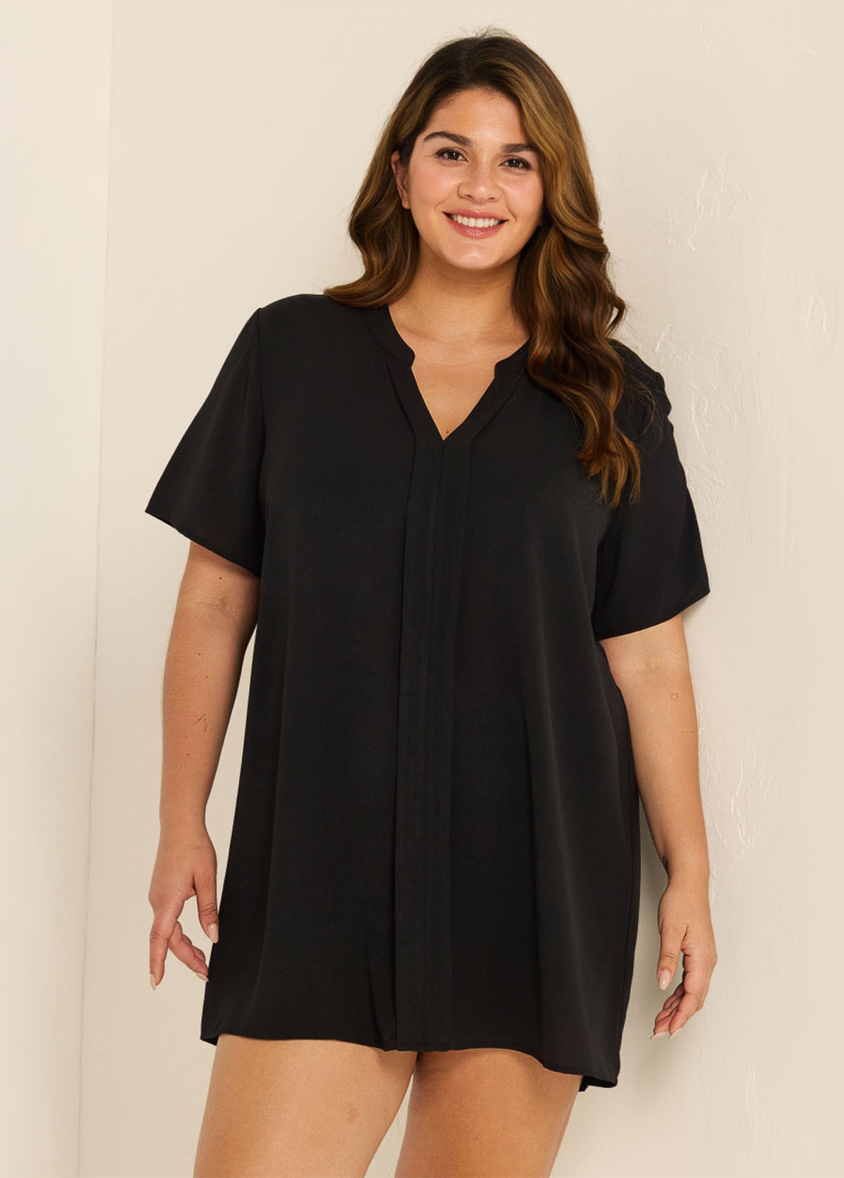 Plus Size Black Short Sleeves Gauze V Neck Beach Cover Ups Dress