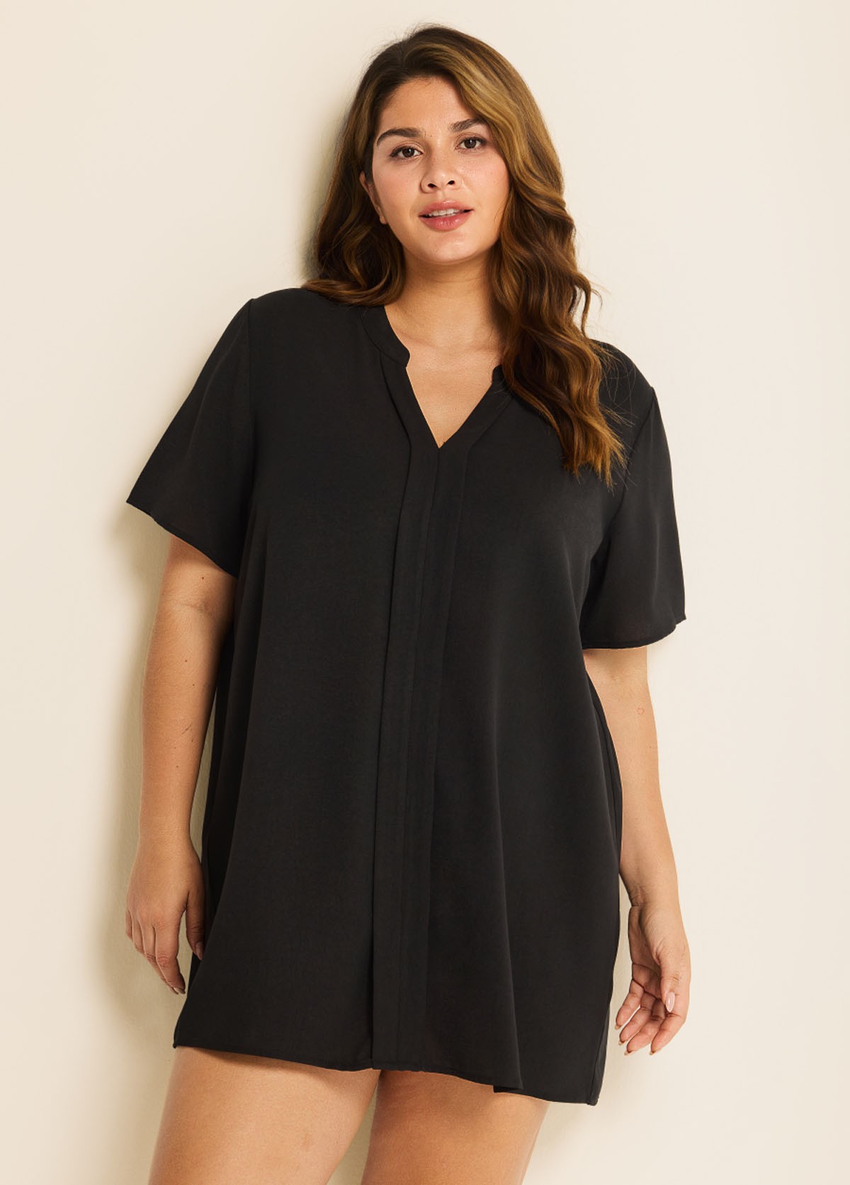 Plus Size Black Short Sleeves Gauze V Neck Beach Cover Ups Dress