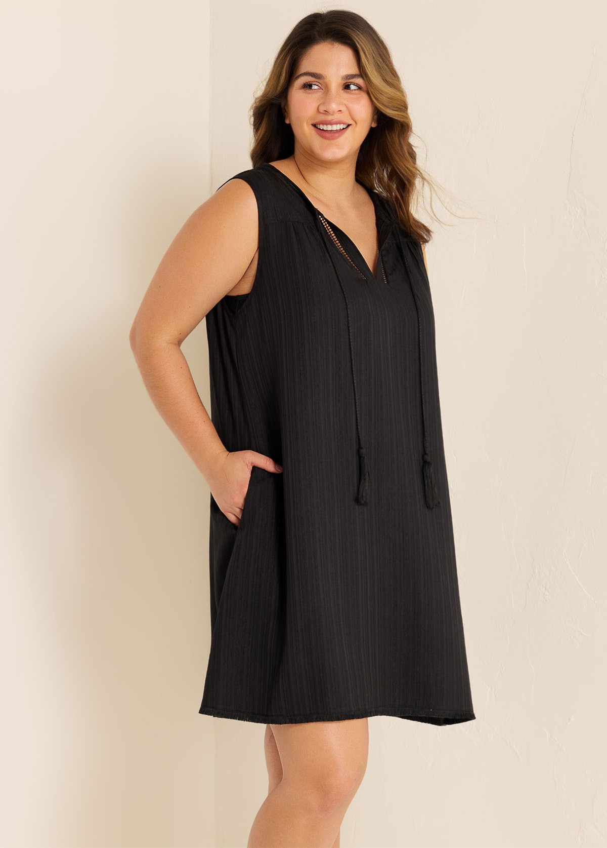 Curvy Black Split Neckline Gauze Swimsuit Cover Up Shift Dress