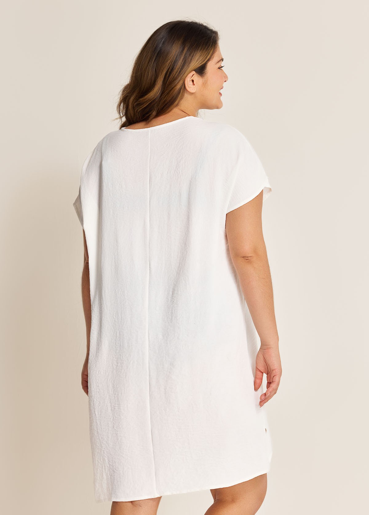 White Lace Up Neckline Short Sleeves Plus Size Bathing Suit Cover Ups Dress