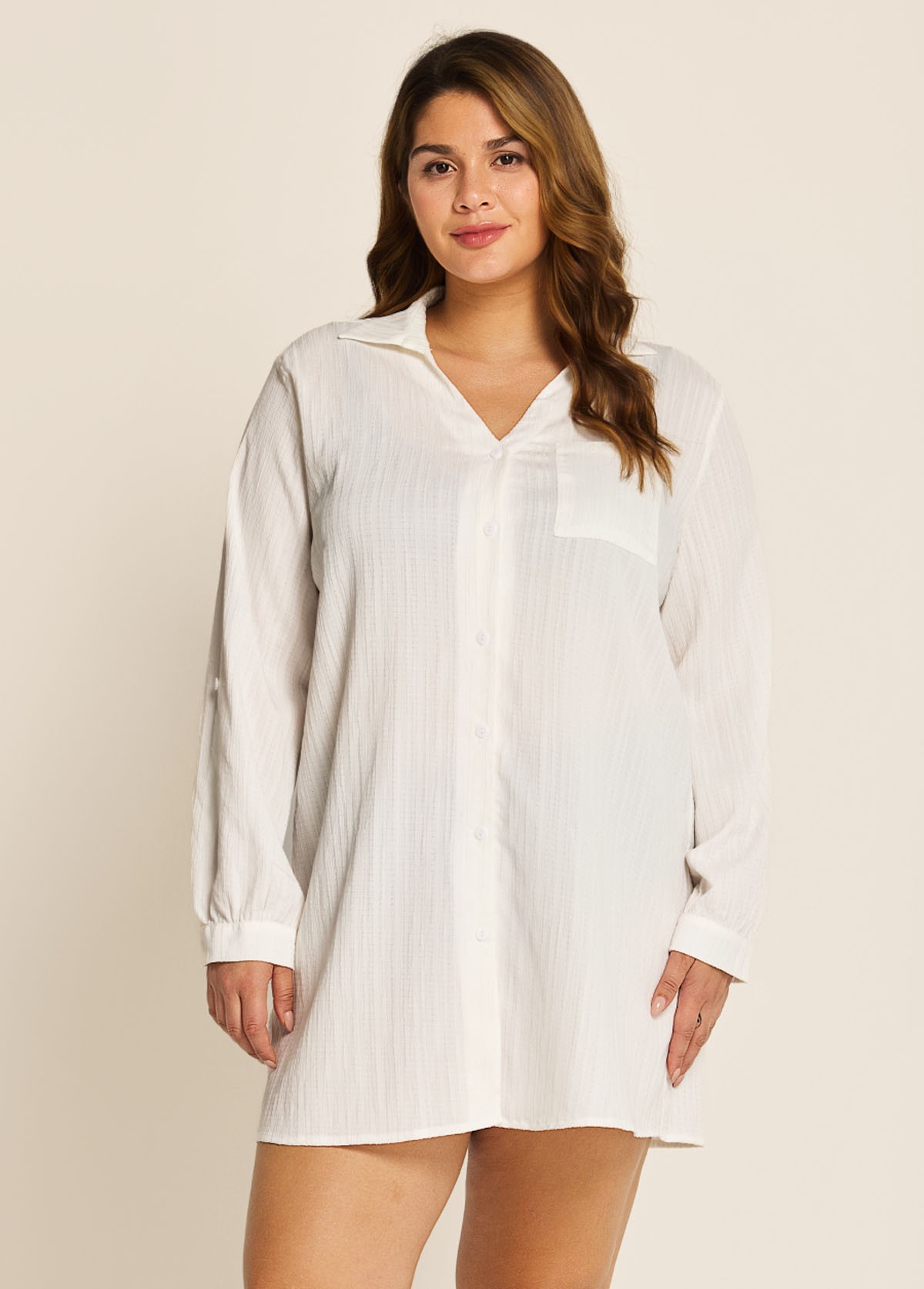 Plus Size White Button Front Collar Beachwear Cover Ups Blouse Dress
