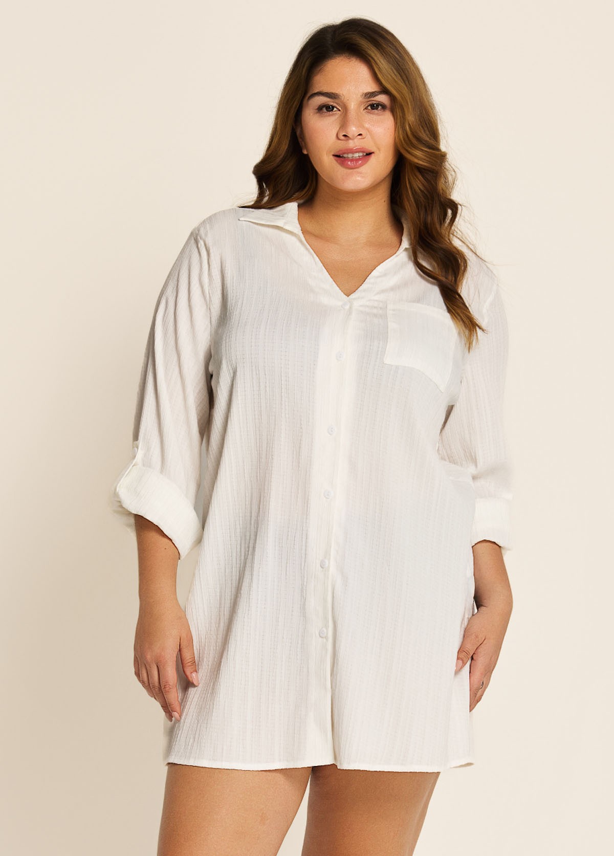 Plus Size White Button Front Collar Beachwear Cover Ups Blouse Dress