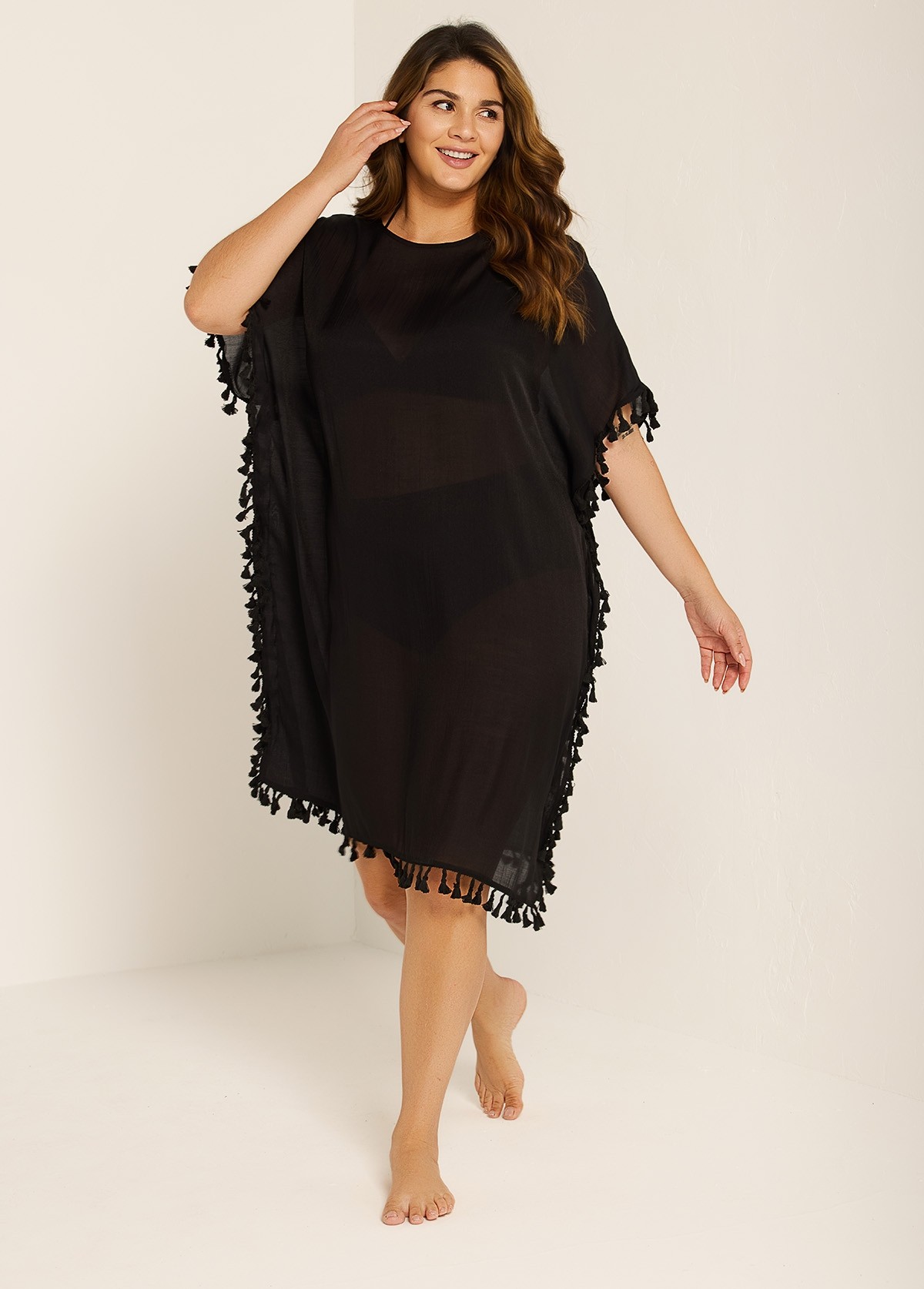 Plus Size Black Tassel Short Sleeve Swimsuit Cover Up Dress