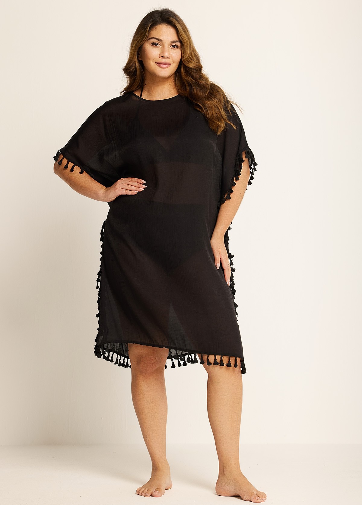 Plus Size Black Tassel Short Sleeve Swimsuit Cover Up Dress