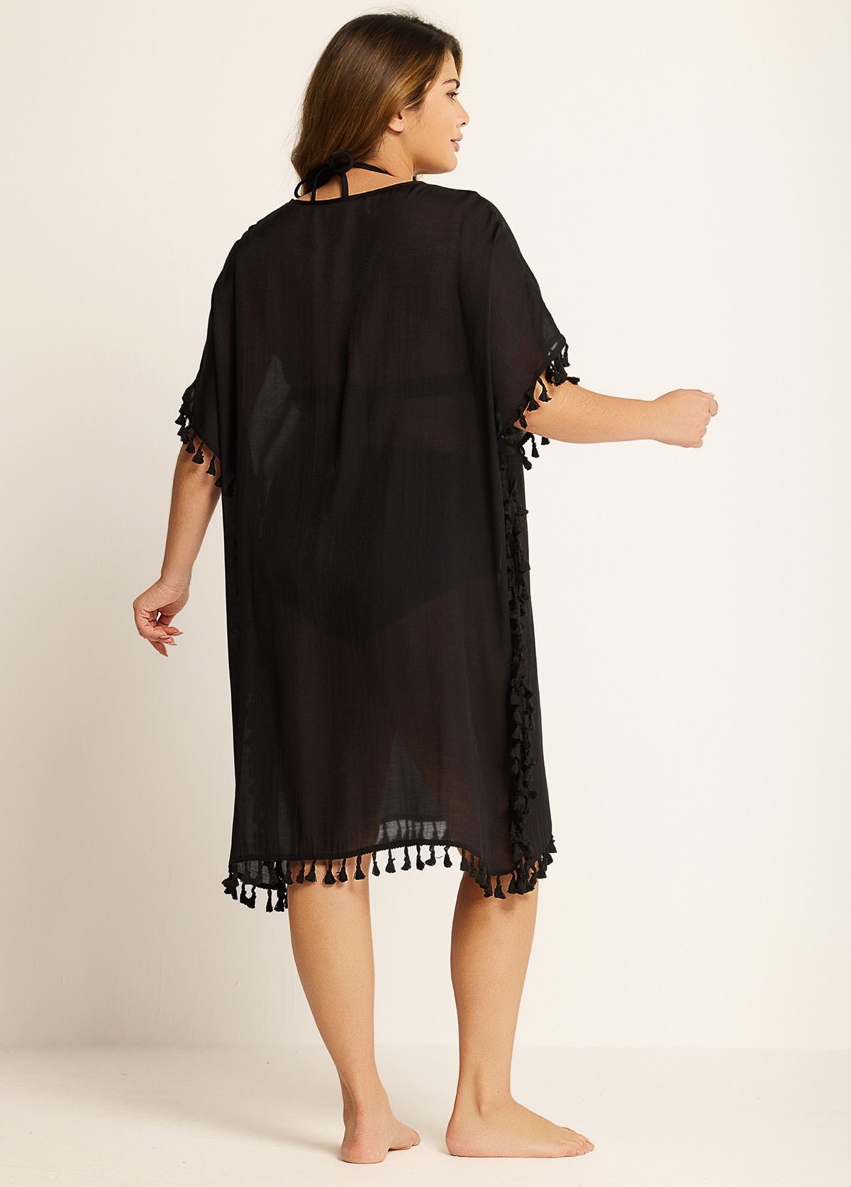 Plus Size Black Tassel Short Sleeve Swimsuit Cover Up Dress