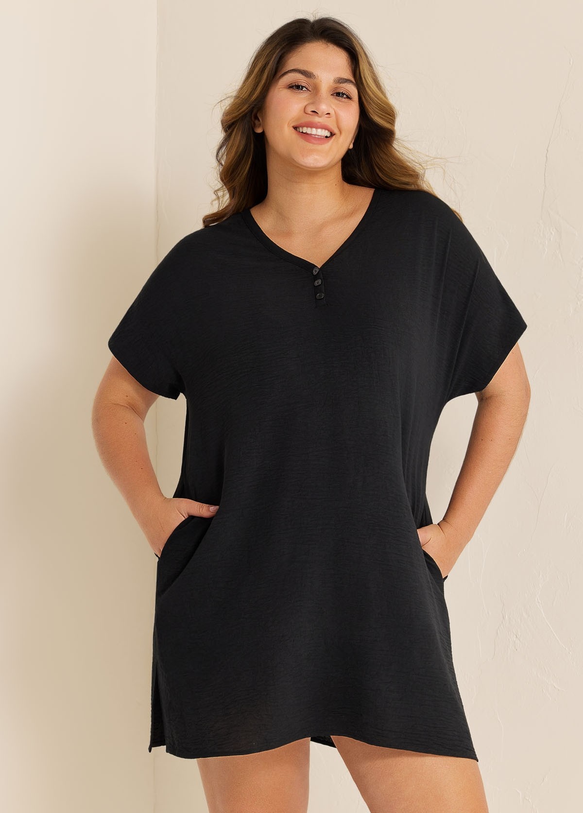 Black Button Women's Swimsuit Plus Size Bathing Suit Cover Up