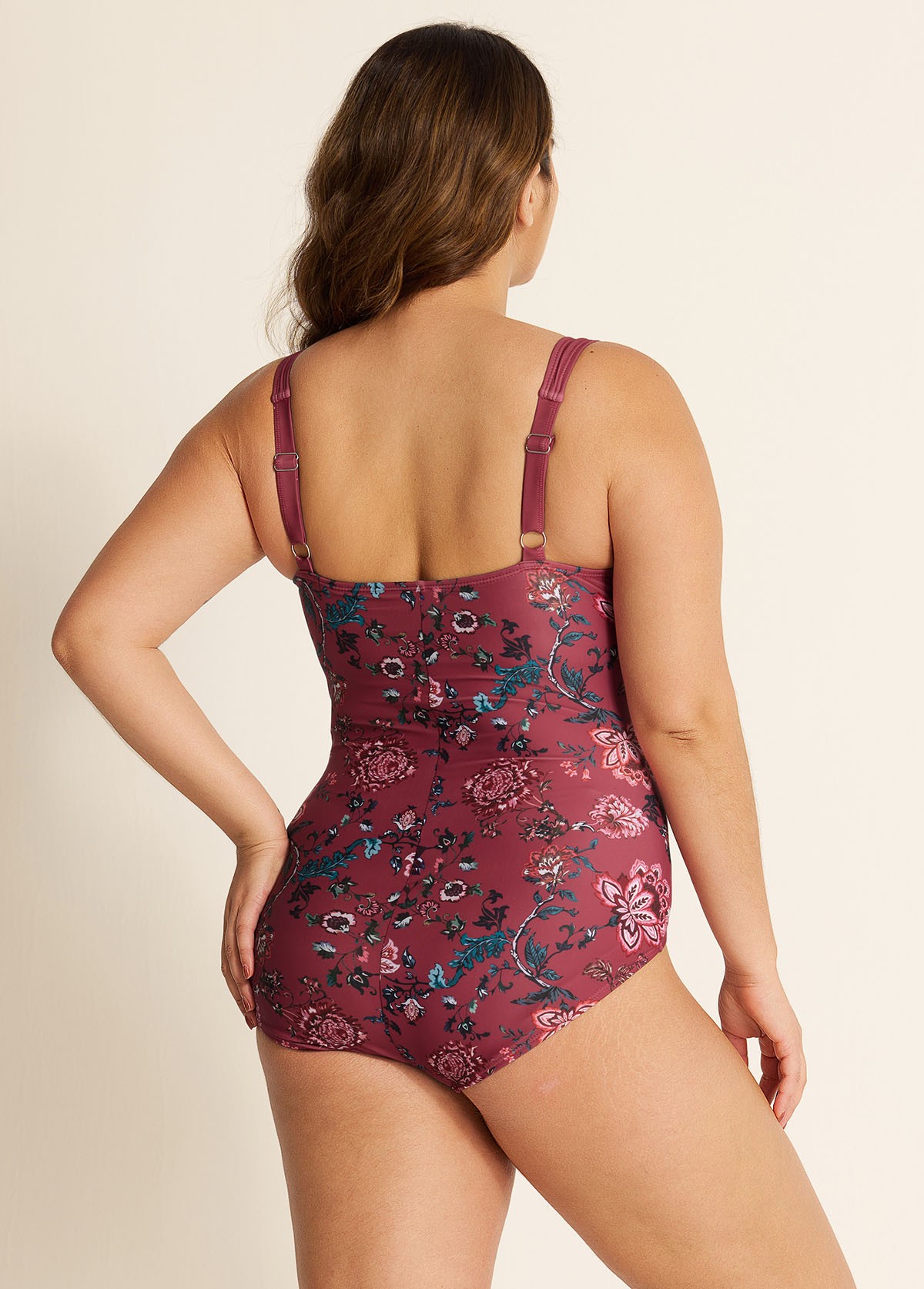 Red Floral Print Pleated Fashion One Piece Swimsuit