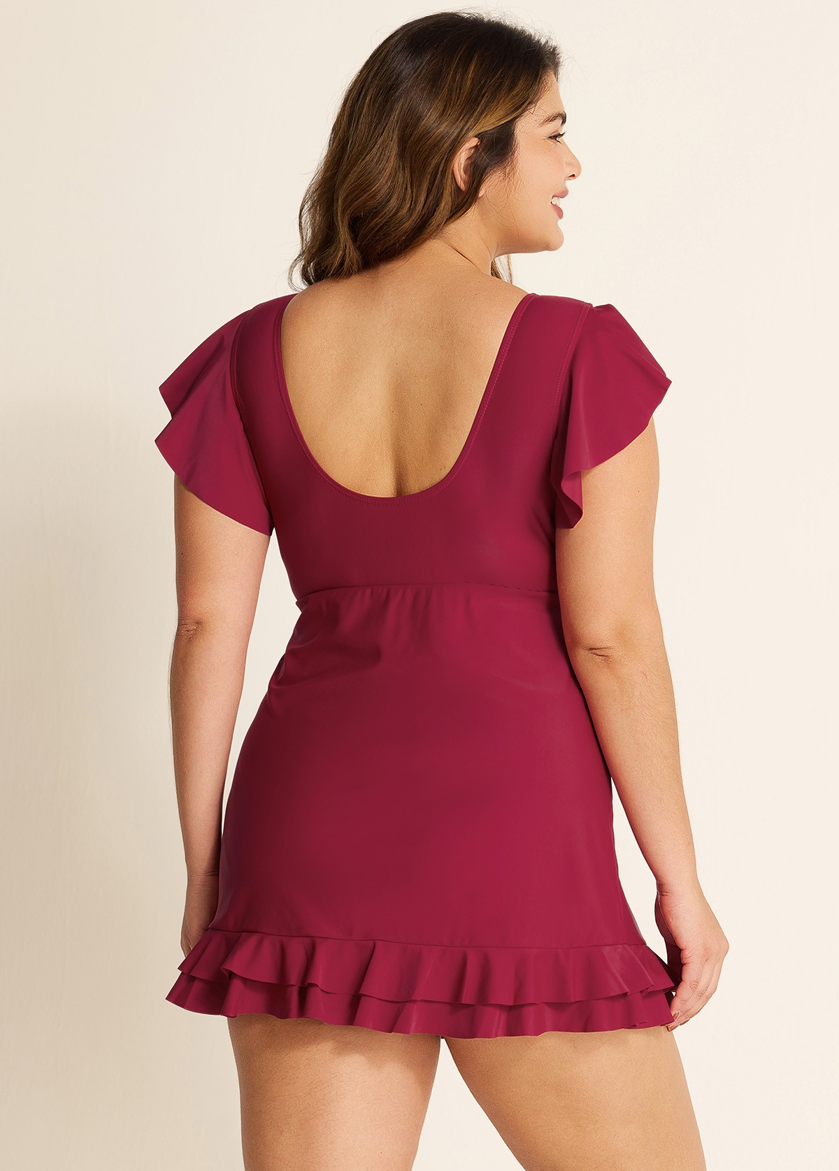 Burgundy V Neck Petal Sleeve Vintage Drawstring One Piece Swimsuit
