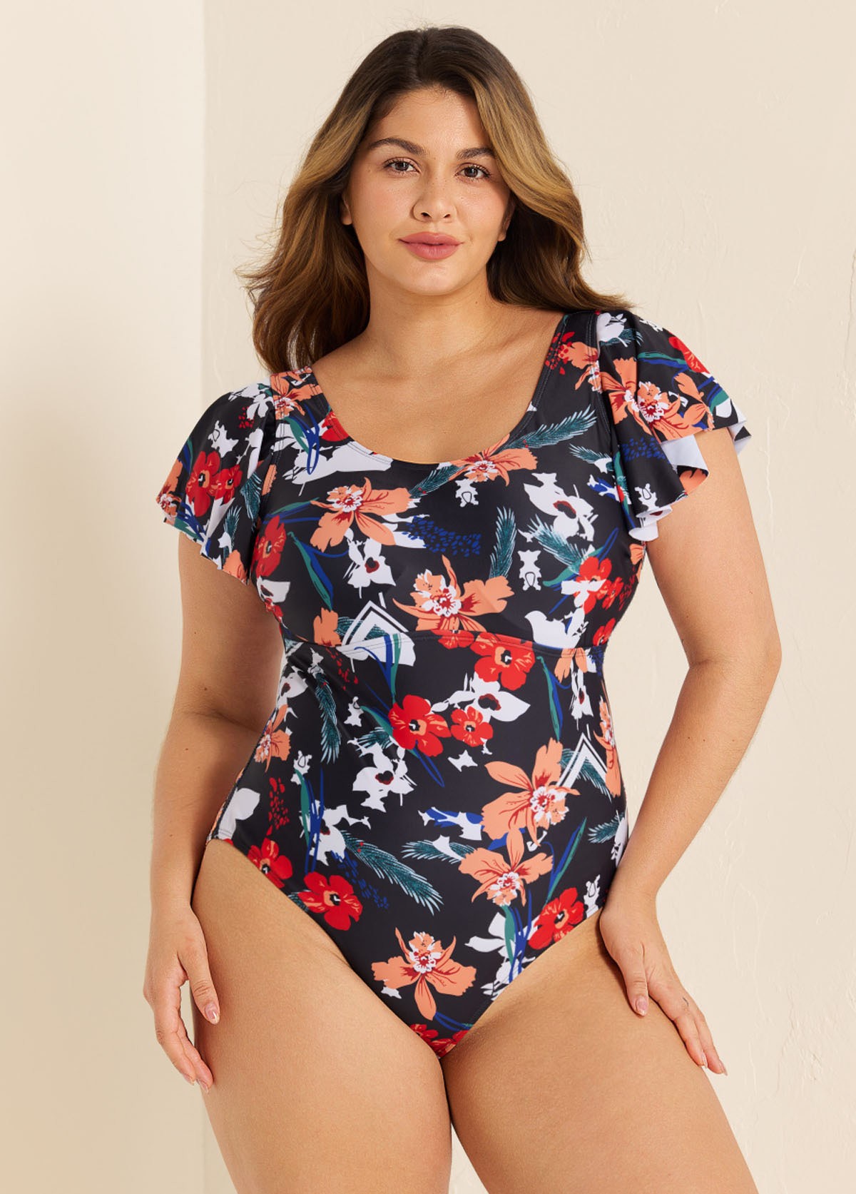 Plus Size Fashionable Floral Print Ruffle Sleeve One Piece Swimsuit
