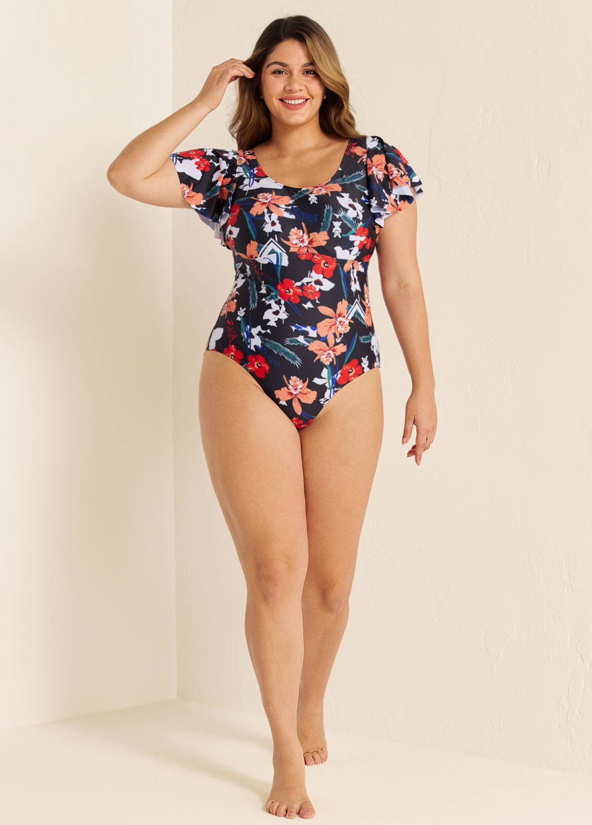 Plus Size Fashionable Floral Print Ruffle Sleeve One Piece Swimsuit