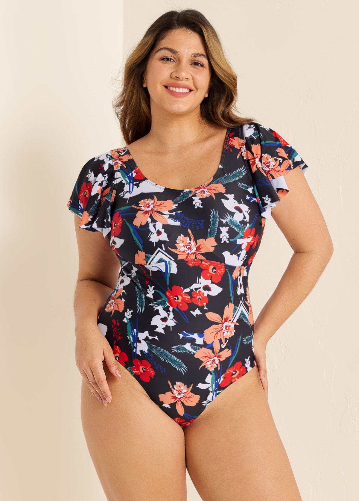 Plus Size Fashionable Floral Print Ruffle Sleeve One Piece Swimsuit