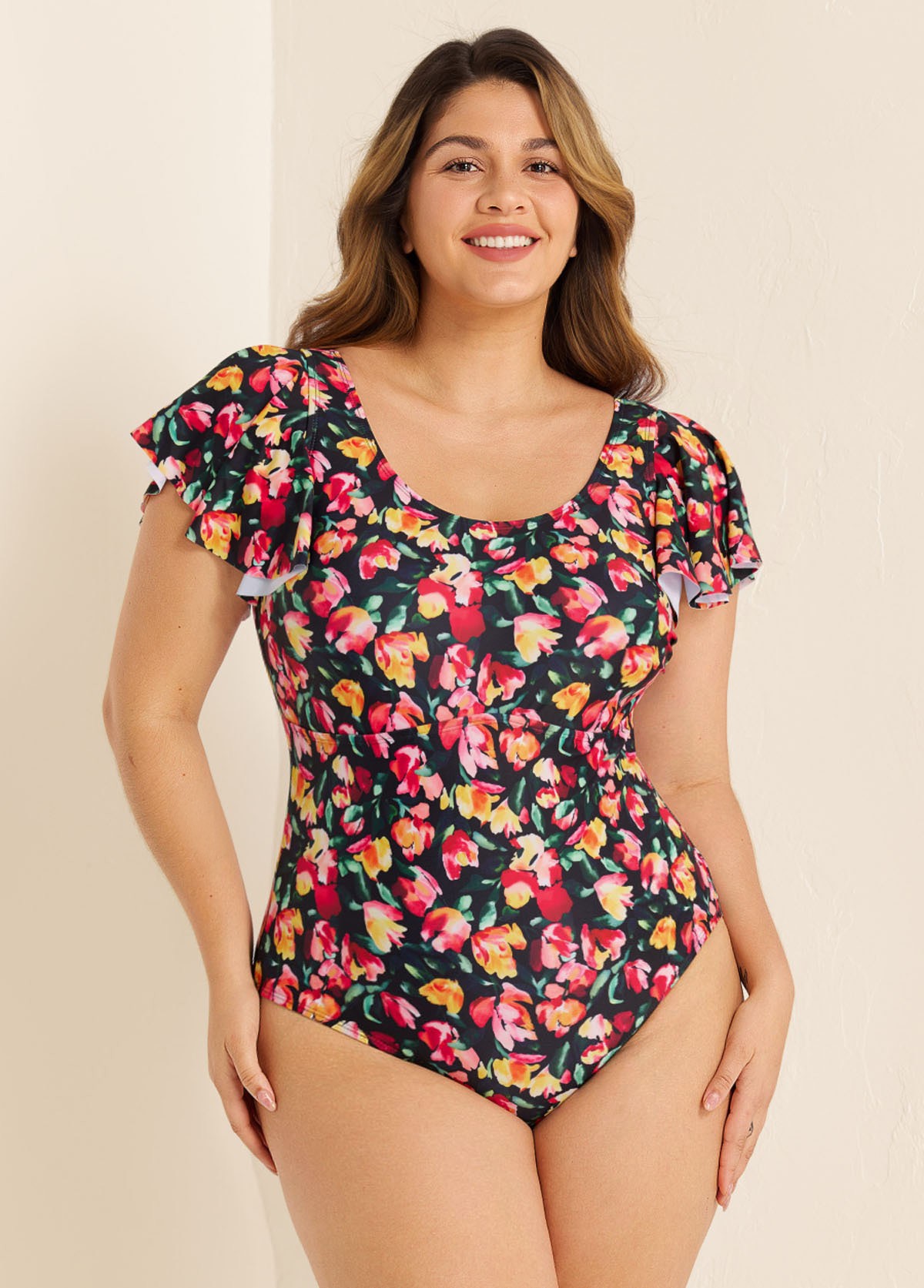 Curvy Red Floral Short Sleeve Swimsuit And Swimwear One Piece Swimsuit