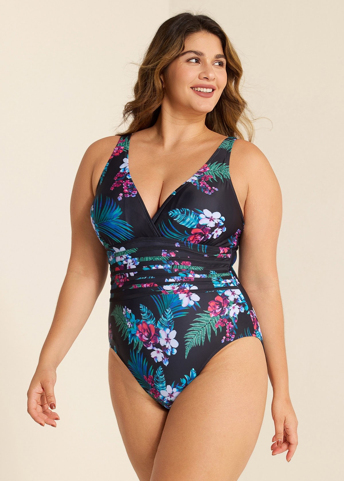Black Floral Print V Neck Waist Detail One Piece Swimsuit