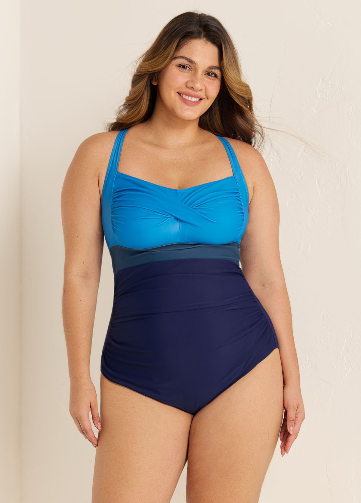 Blue Panelled Twist Front Modest Plus Size One Piece Swimsuit