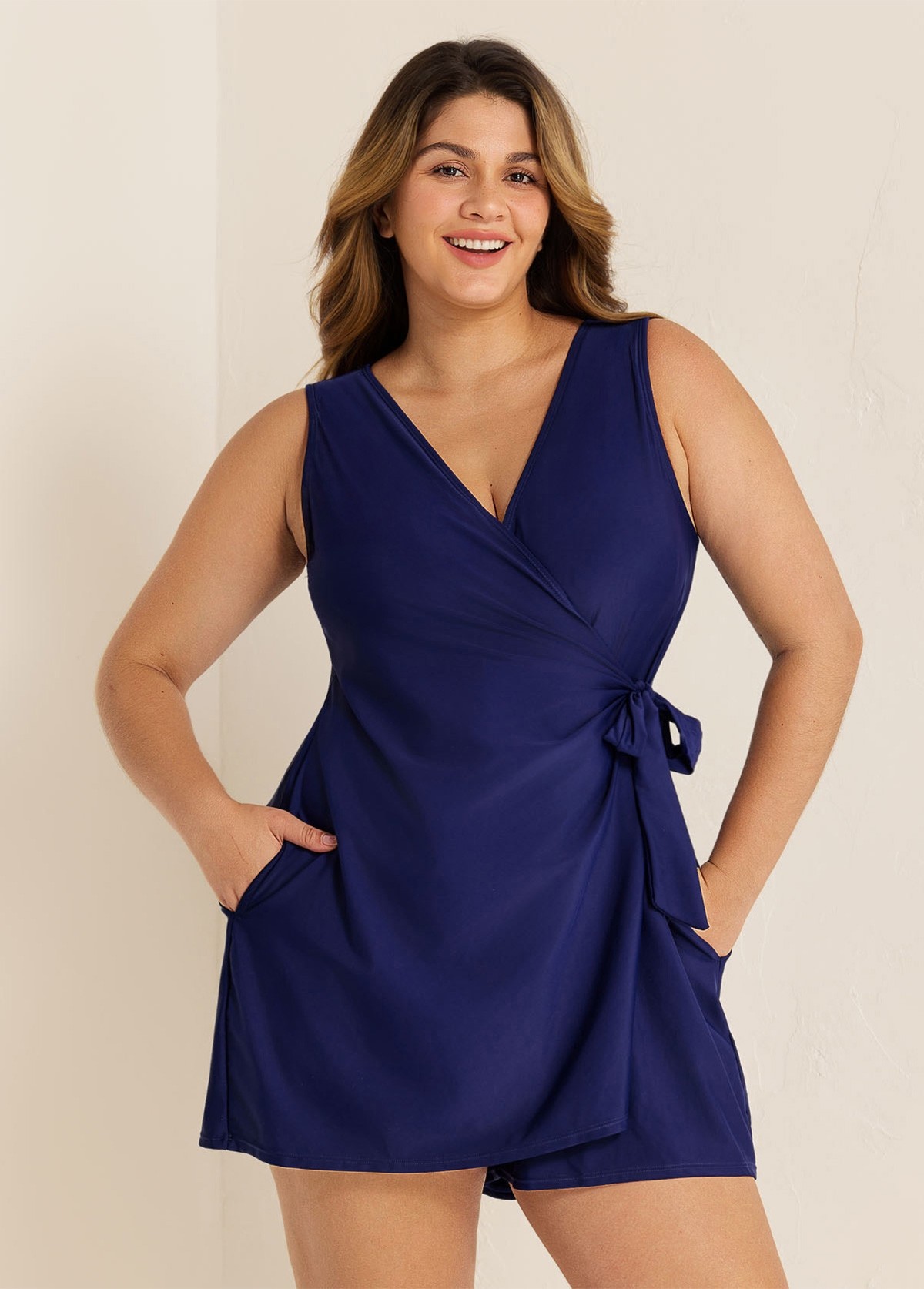 Plus Size Blue Drawstring Pocket 1 Piece Bathing Suits Romper One Piece Swimsuit