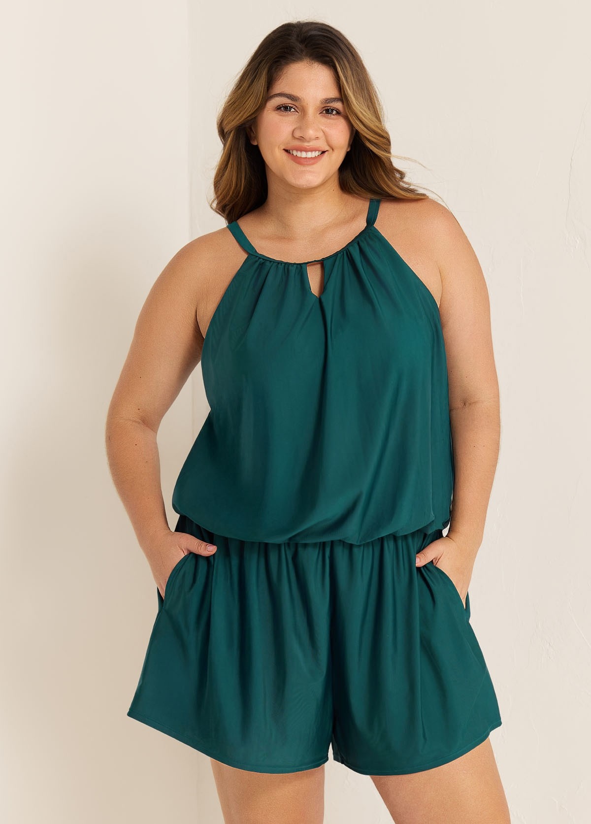 Curvy Green High Neck Hollow With Pocket 1 Piece Bathing Suits Romper One Piece Swimsuit