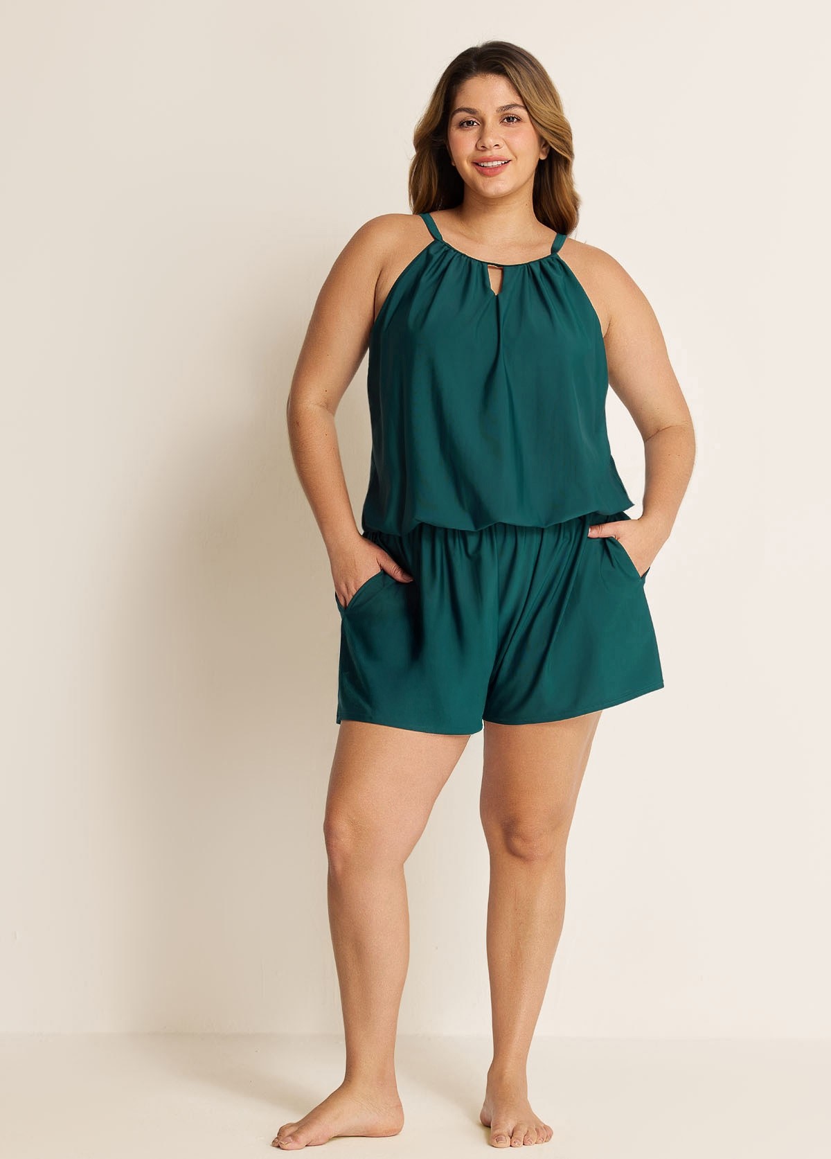 Curvy Green High Neck Hollow With Pocket 1 Piece Bathing Suits Romper One Piece Swimsuit
