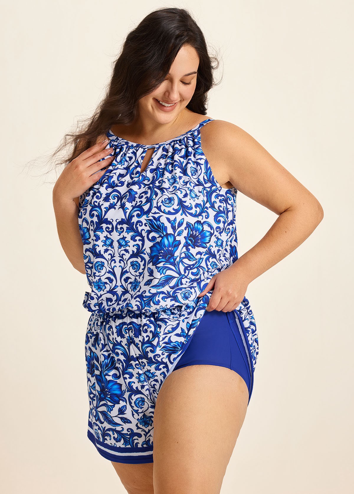 Plus Size Blue Floral Print High Neck Flattering Pocket Swimsuit One Piece Swim Romper